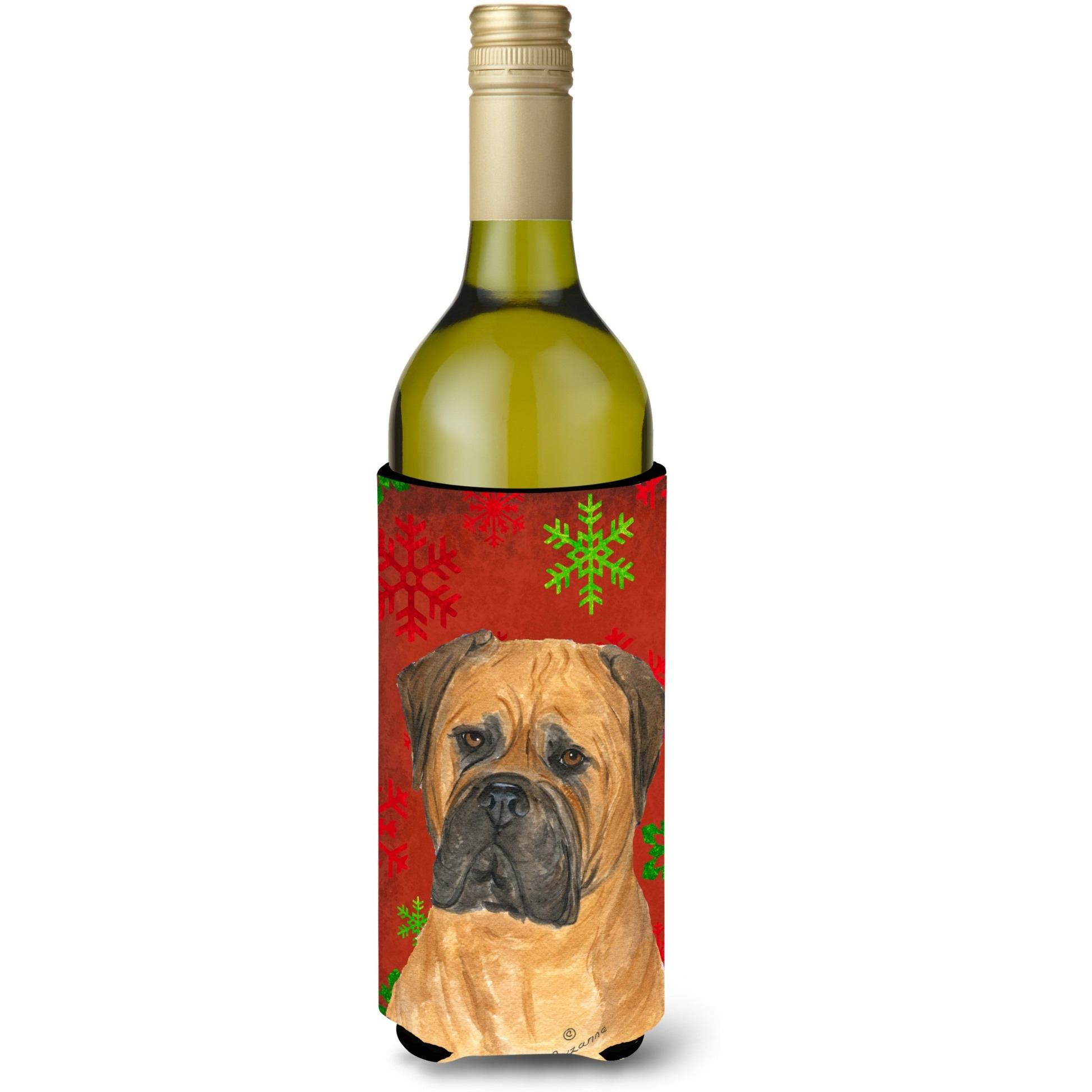 Bullmastiff Red and Green Snowflakes Holiday Christmas Wine Bottle Beverage Insulator