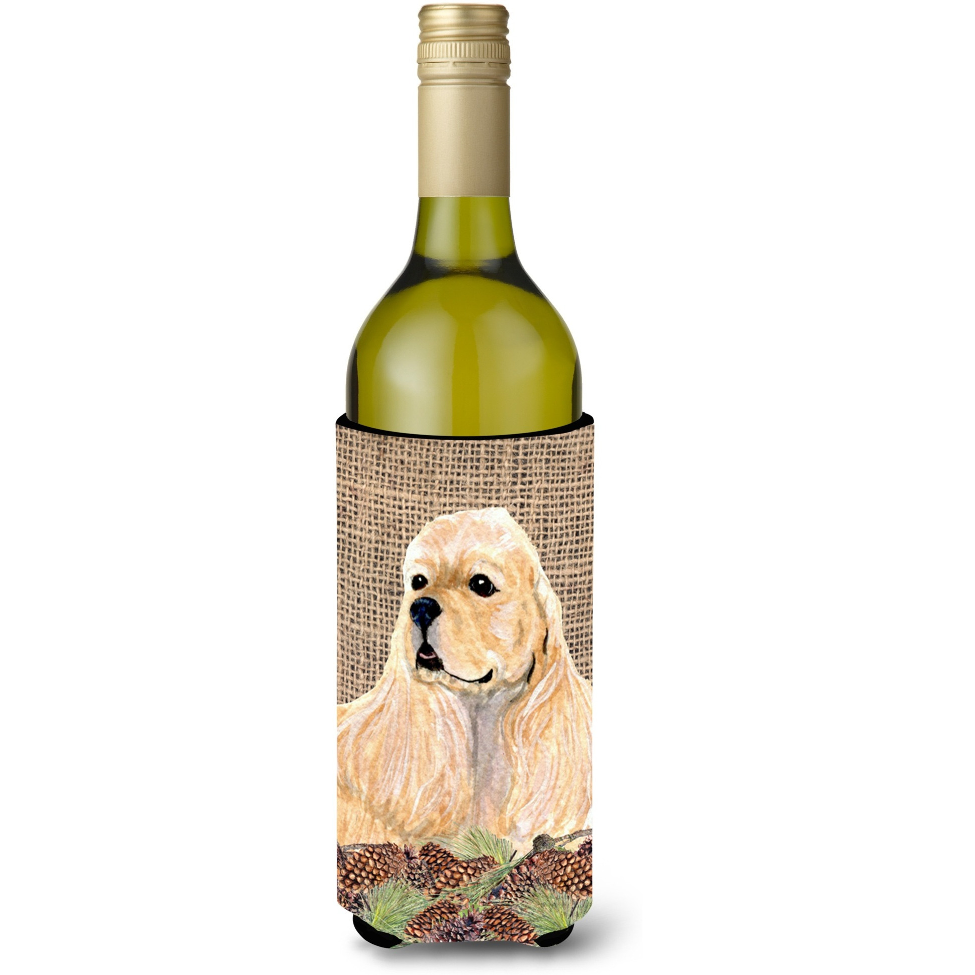 Cocker Spaniel  on Faux Burlap with Pine Cones Wine Bottle Beverage Insulator Beverage Insulator Hugger