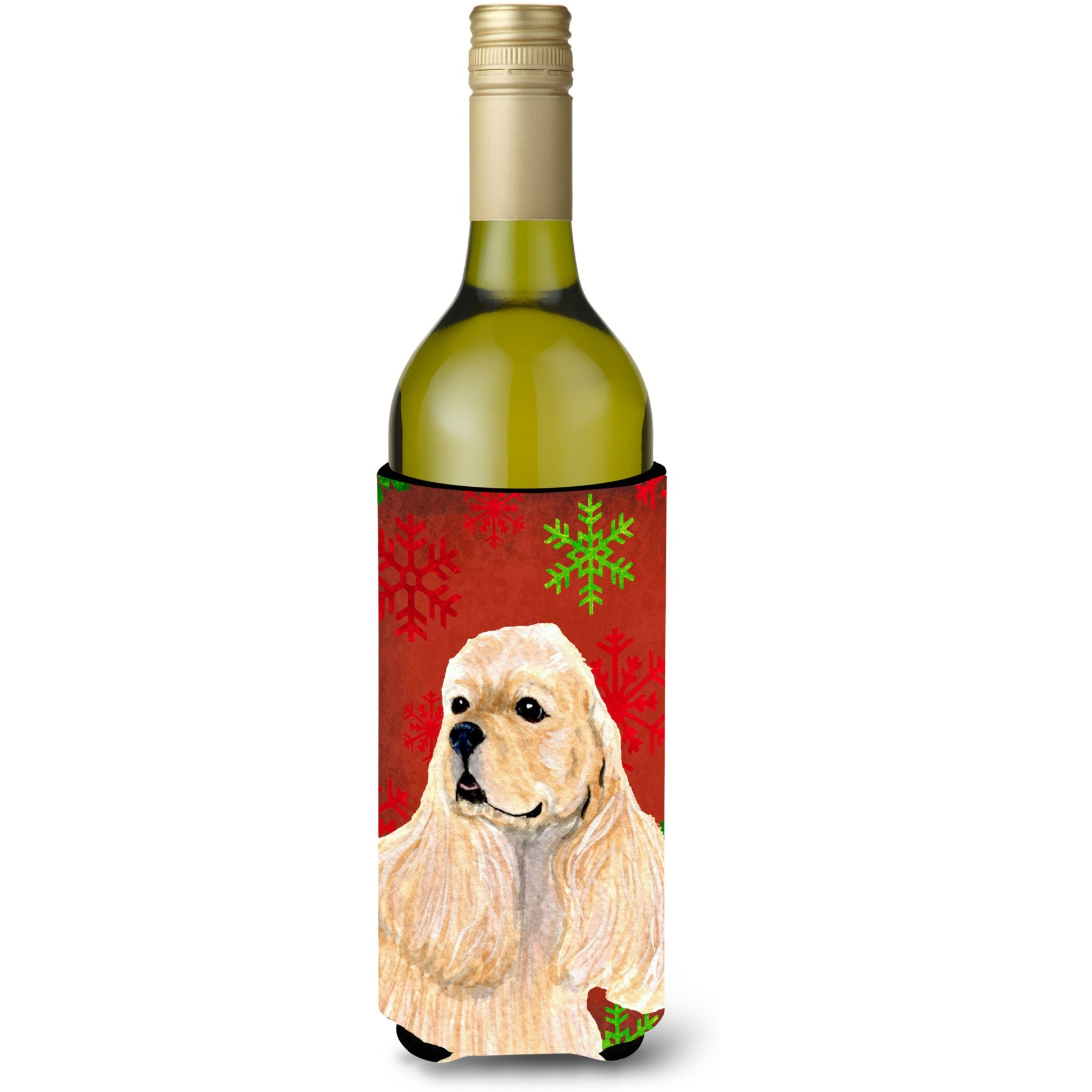 Buff Cocker Spaniel Red Green Snowflakes Christmas Wine Bottle Beverage Insulator Beverage Insulator Hugger