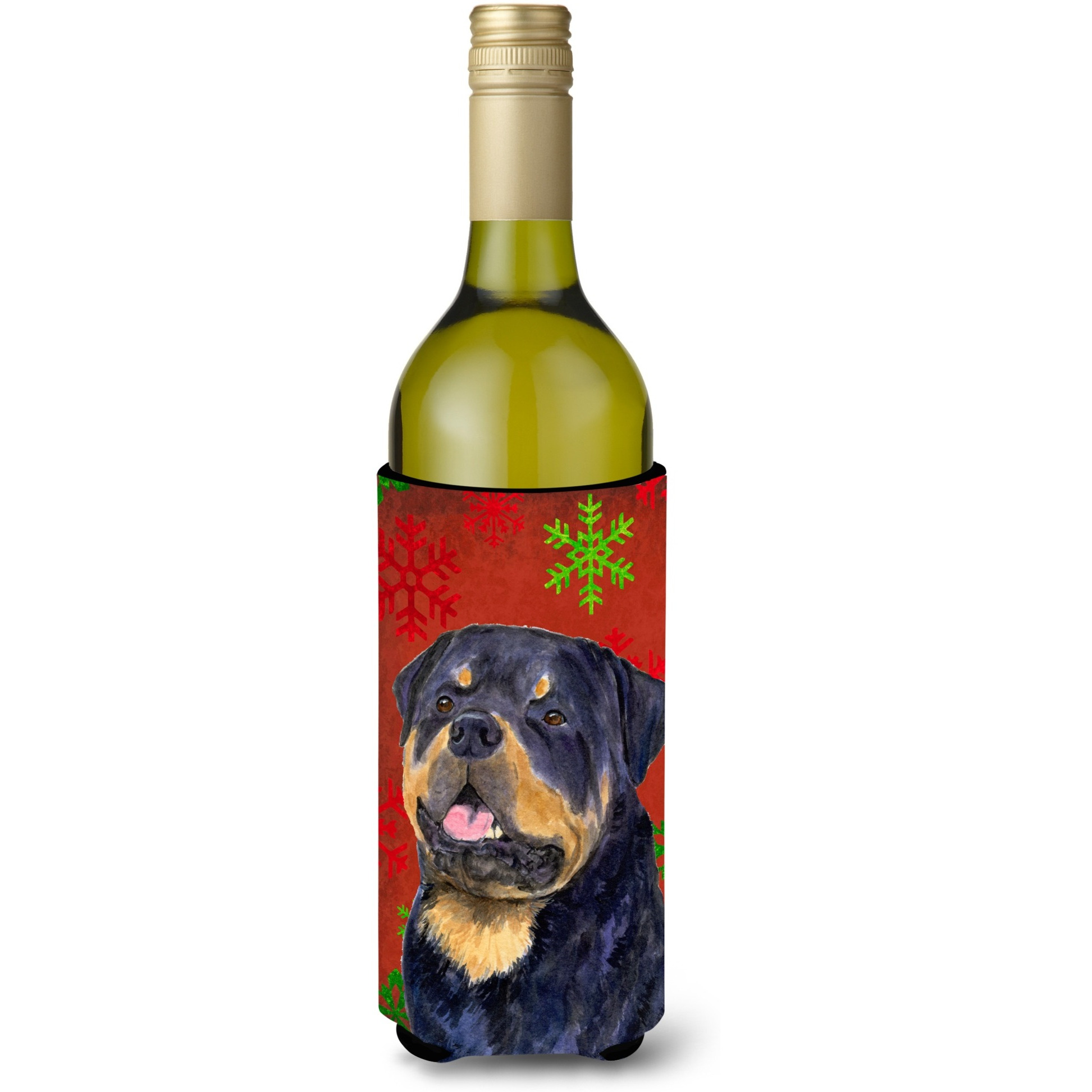 Rottweiler Red and Green Snowflakes Holiday Christmas Wine Bottle Beverage Insulator Beverage Insulator Hugger