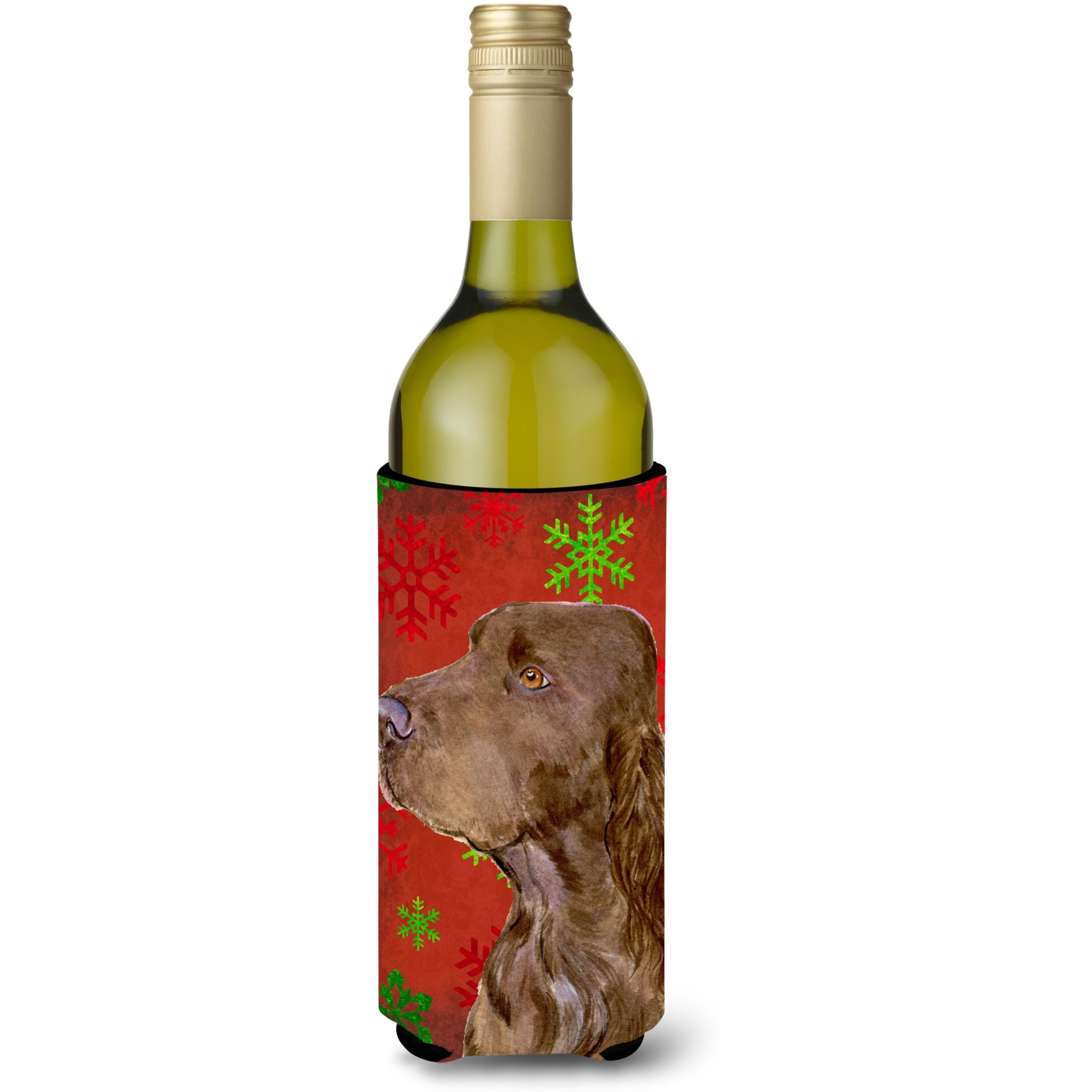 Field Spaniel Red and Green Snowflakes Holiday Christmas Wine Bottle Beverage Insulator