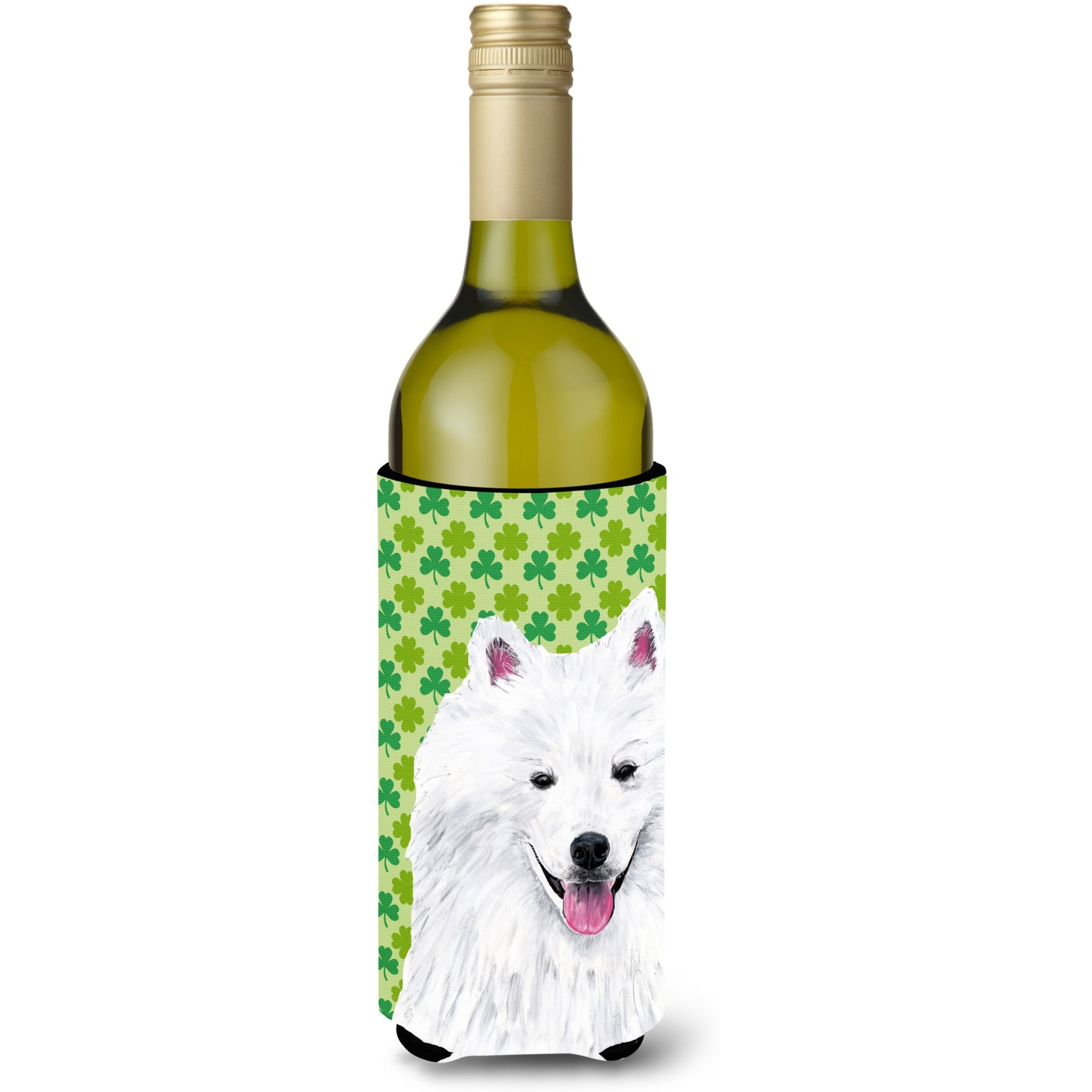 American Eskimo St. Patrick's Day Shamrock Portrait Wine Bottle Beverage Insulator Beverage Insulator Hugger