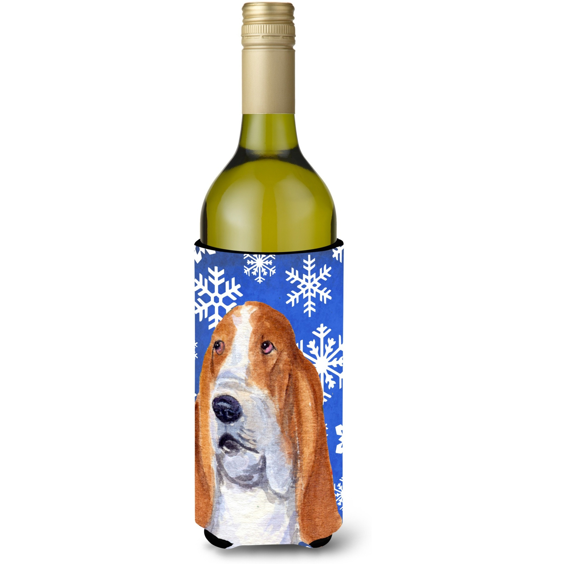 Basset Hound Winter Snowflakes Holiday Wine Bottle Beverage Insulator Beverage Insulator Hugger SS4666LITERK