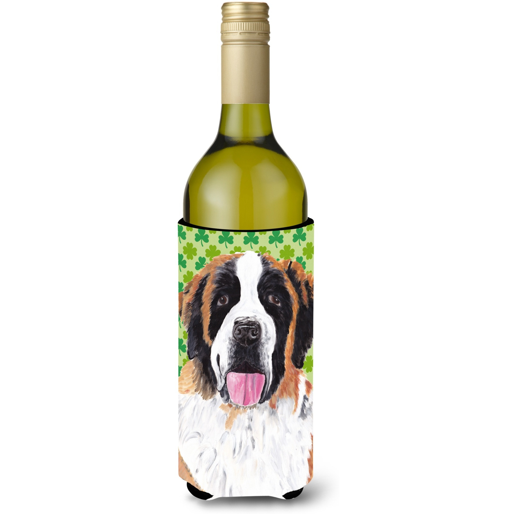 Saint Bernard St. Patrick's Day Shamrock Portrait Wine Bottle Beverage Insulator Beverage Insulator Hugger