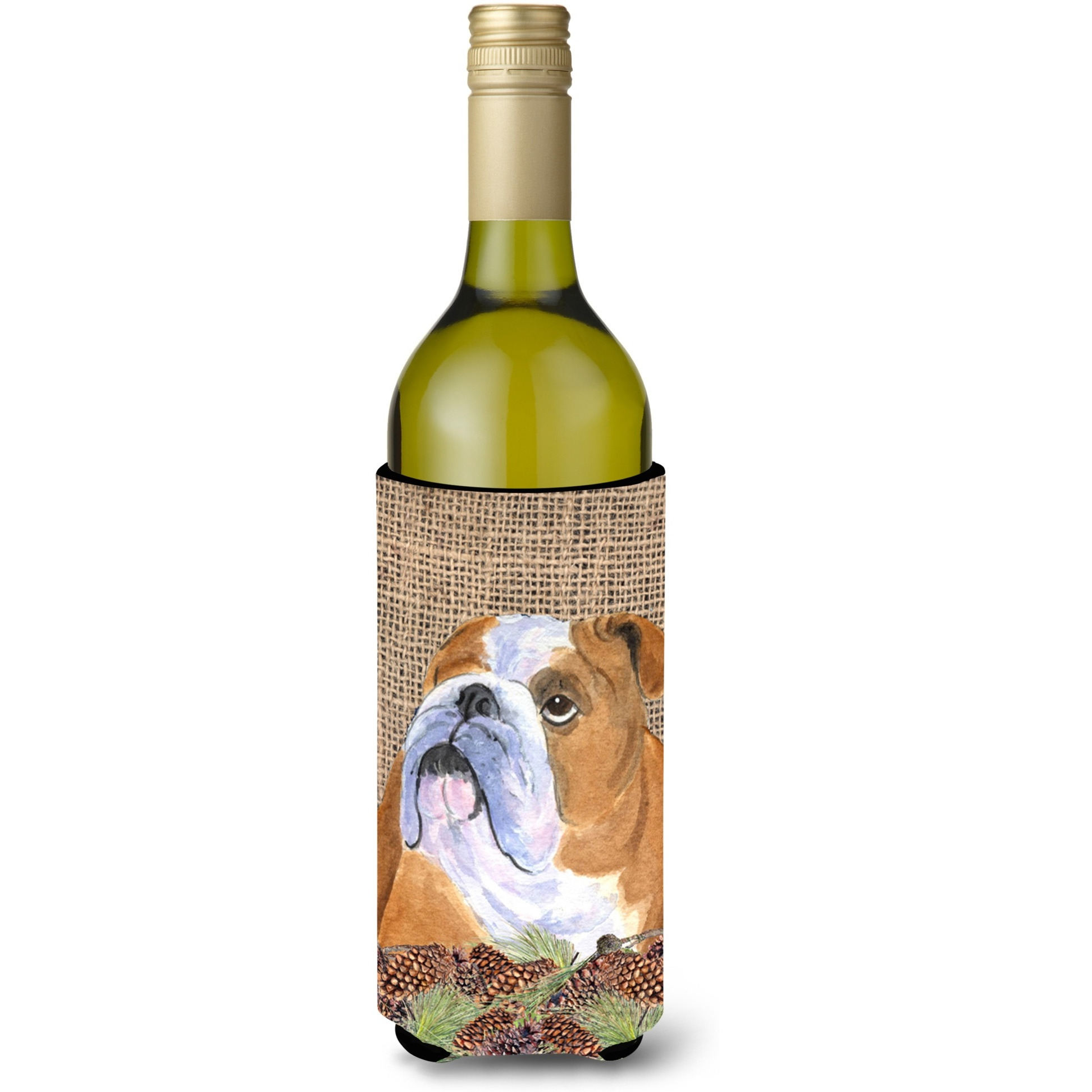 Bulldog English on Faux Burlap Pine Cones Wine Bottle Beverage Insulator Beverage Insulator Hugger