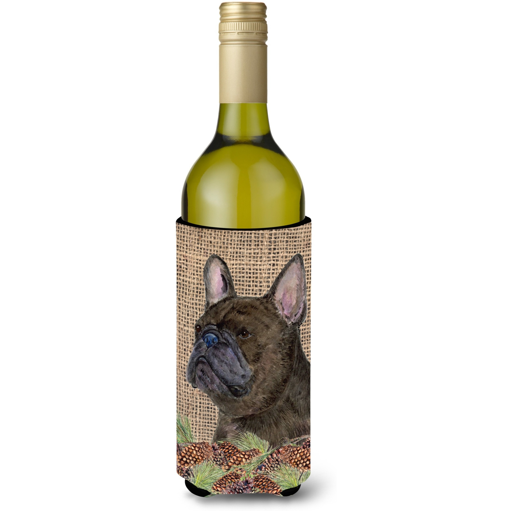 French Bulldog on Faux Burlap with Pine Cones Wine Bottle Beverage Insulator Beverage Insulator Hugger