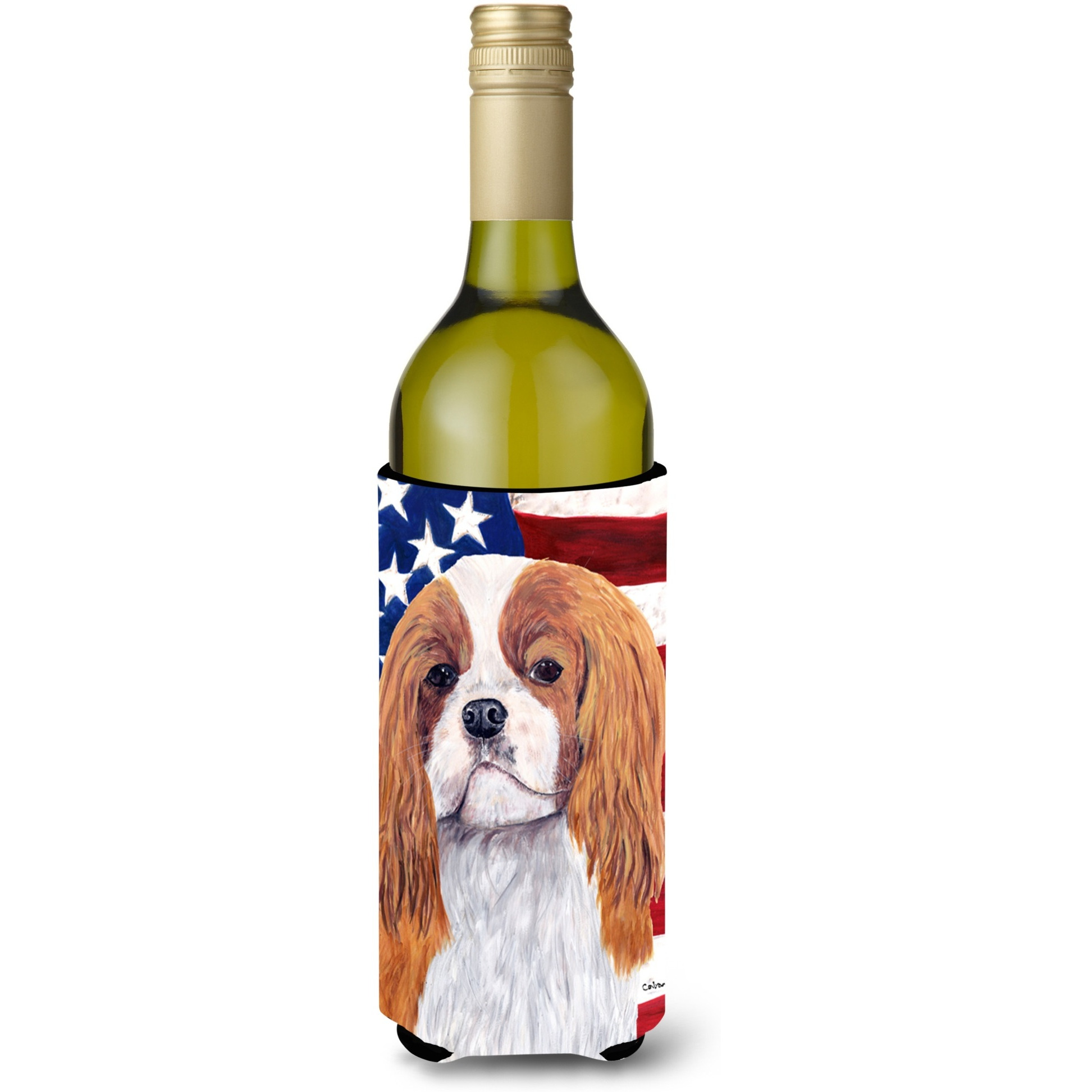 USA American Flag with Cavalier Spaniel Wine Bottle Beverage Insulator Beverage Insulator Hugger SC9115LITERK