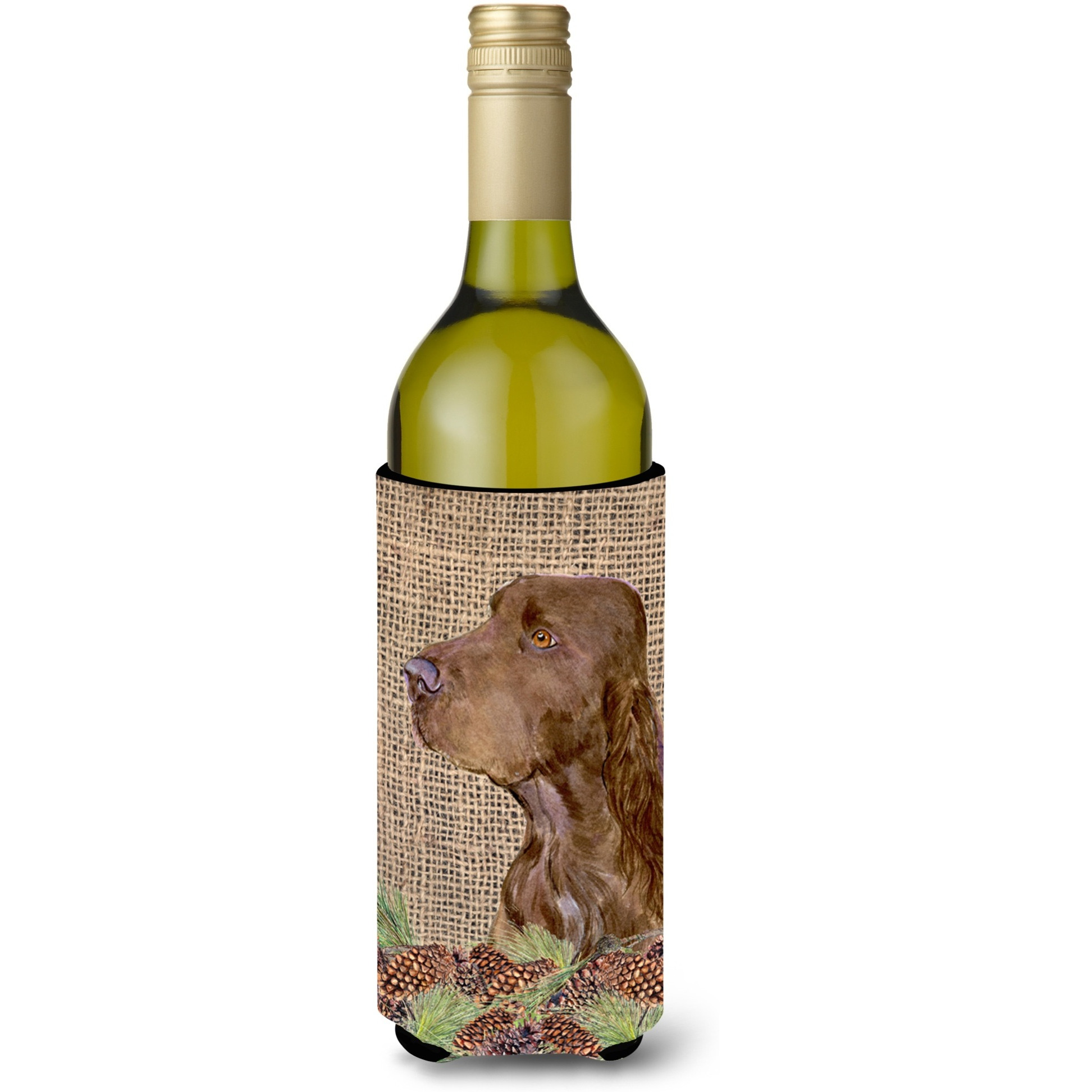 Field Spaniel on Faux Burlap with Pine Cones Wine Bottle Beverage Insulator Beverage Insulator Hugger