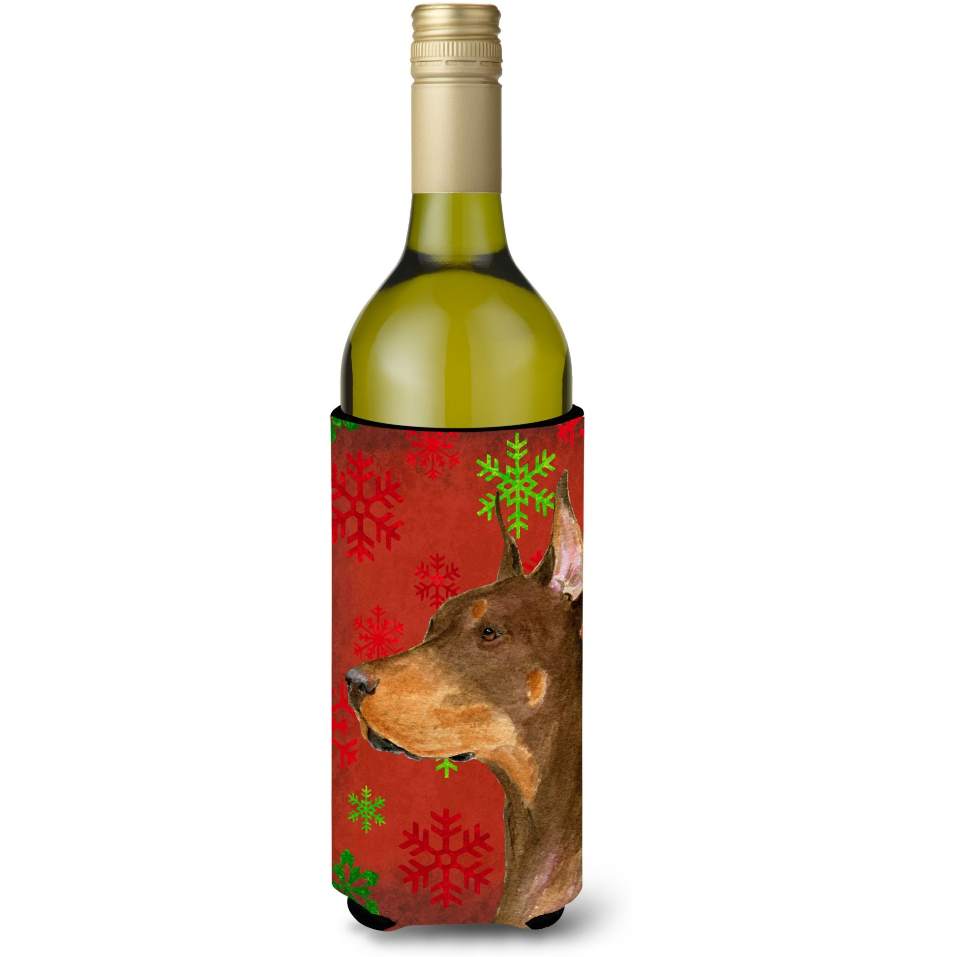 Doberman Snowflakes Holiday Christmas Wine Bottle Beverage Insulator Beverage Insulator Hugger