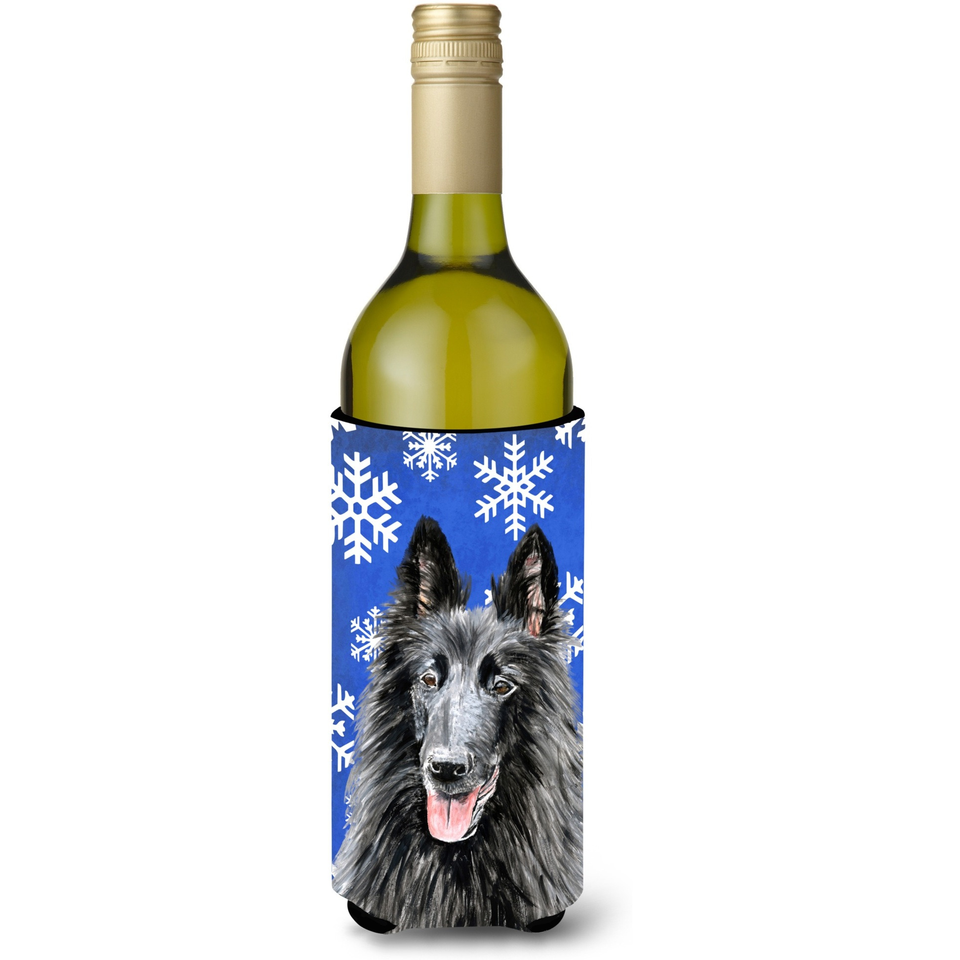 Belgian Sheepdog Winter Snowflakes Holiday Wine Bottle Beverage Insulator Beverage Insulator Hugger