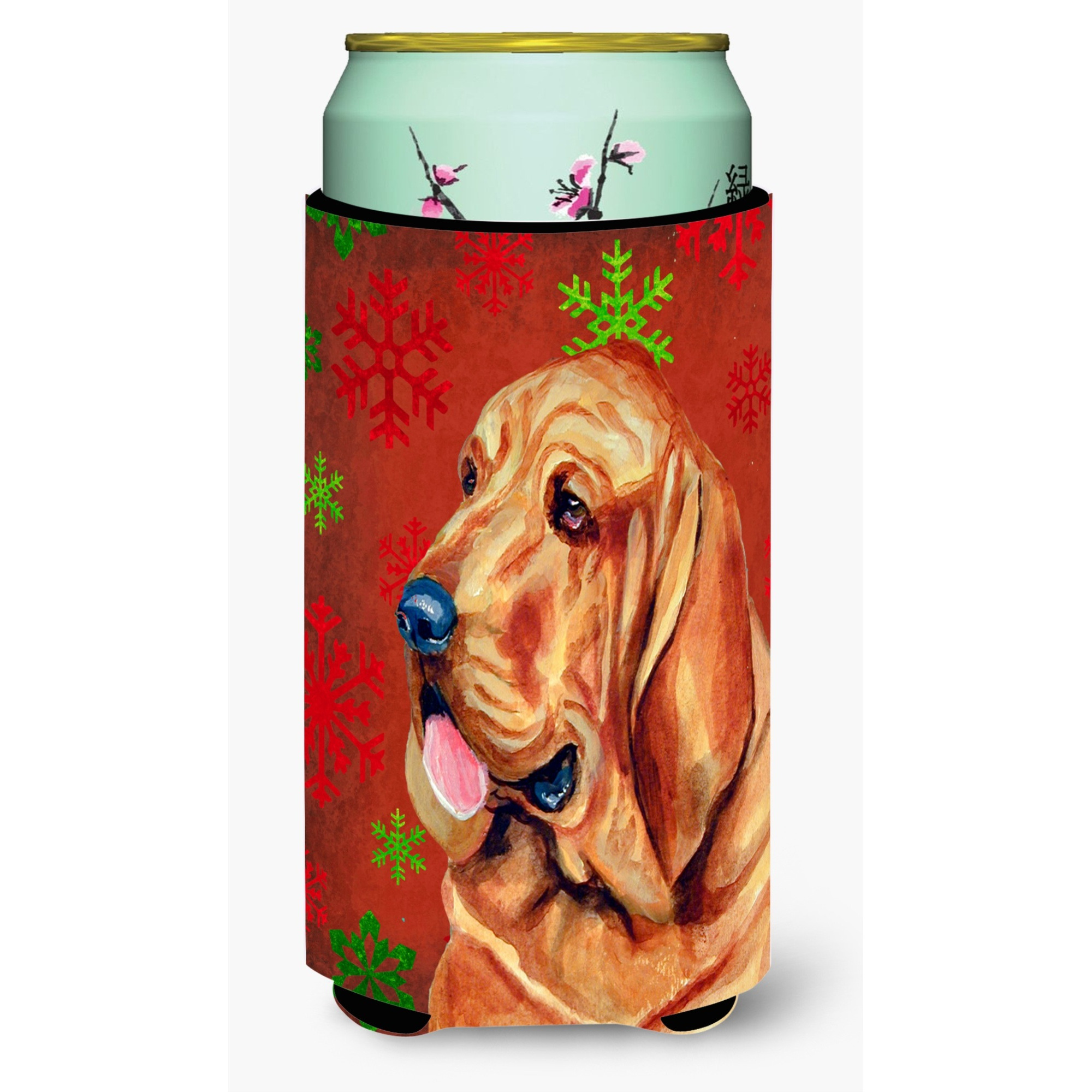 Bloodhound Red and Green Snowflakes Holiday Christmas  Tall Boy Beverage Insulator Beverage Insulator Hugger