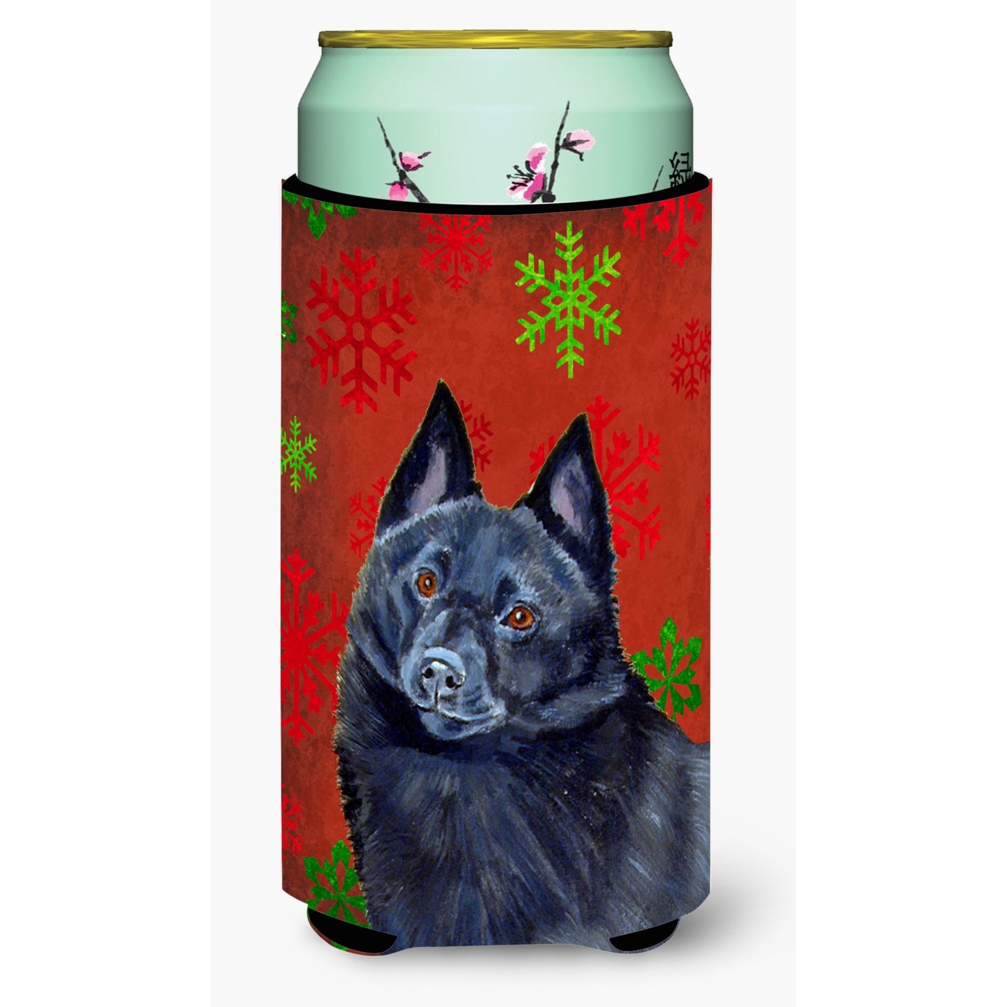 Schipperke Red and Green Snowflakes Holiday Christmas  Tall Boy Beverage Insulator Beverage Insulator Hugger