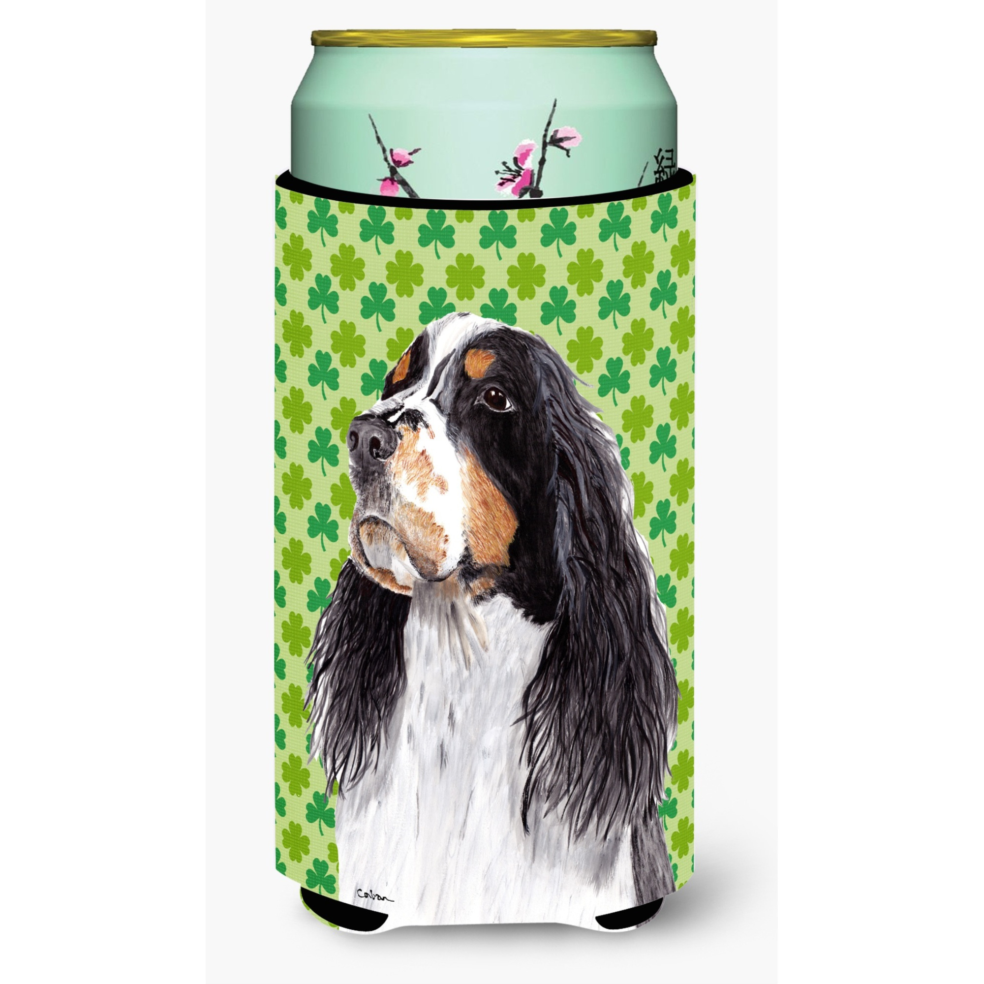 Springer Spaniel St. Patrick's Day Shamrock Portrait  Tall Boy Beverage Insulator Beverage Insulator Hugger
