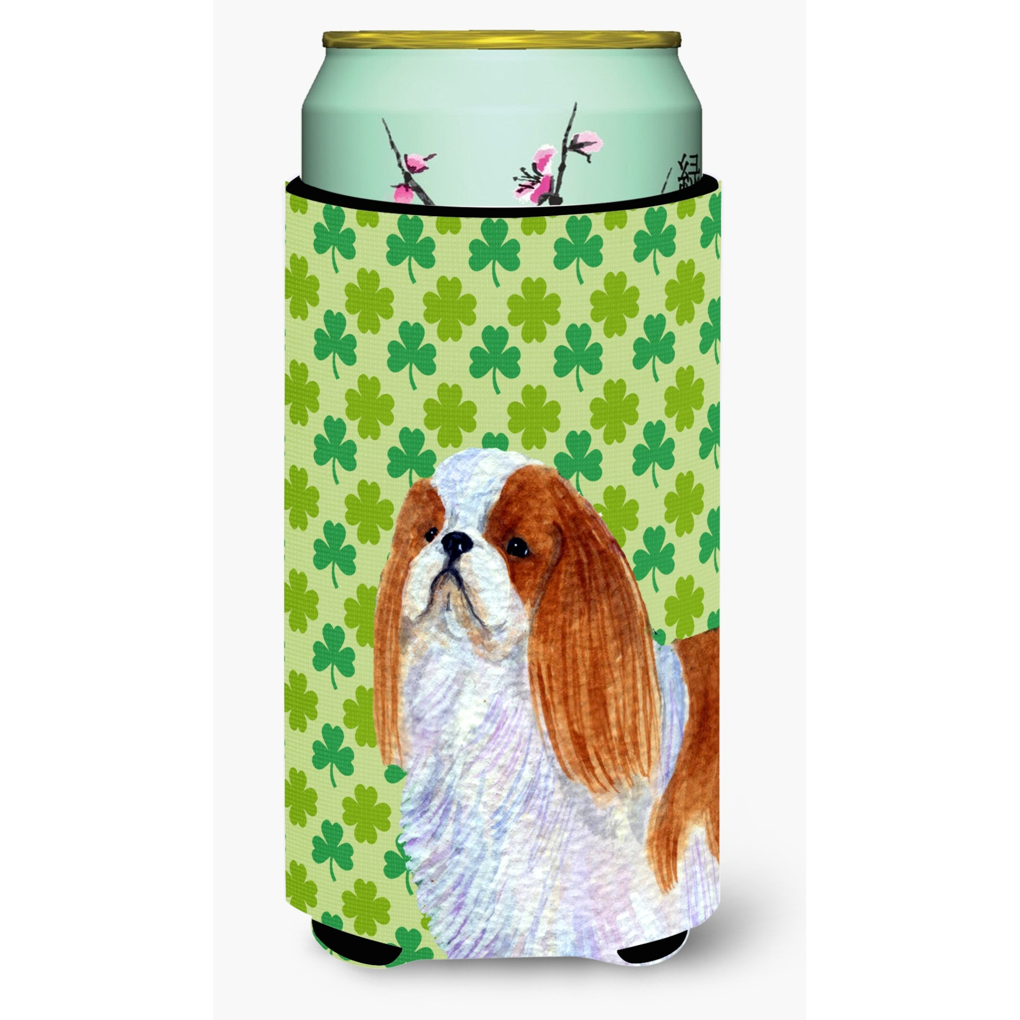 English Toy Spaniel St. Patrick's Day Shamrock Portrait  Tall Boy Beverage Insulator Beverage Insulator Hugger