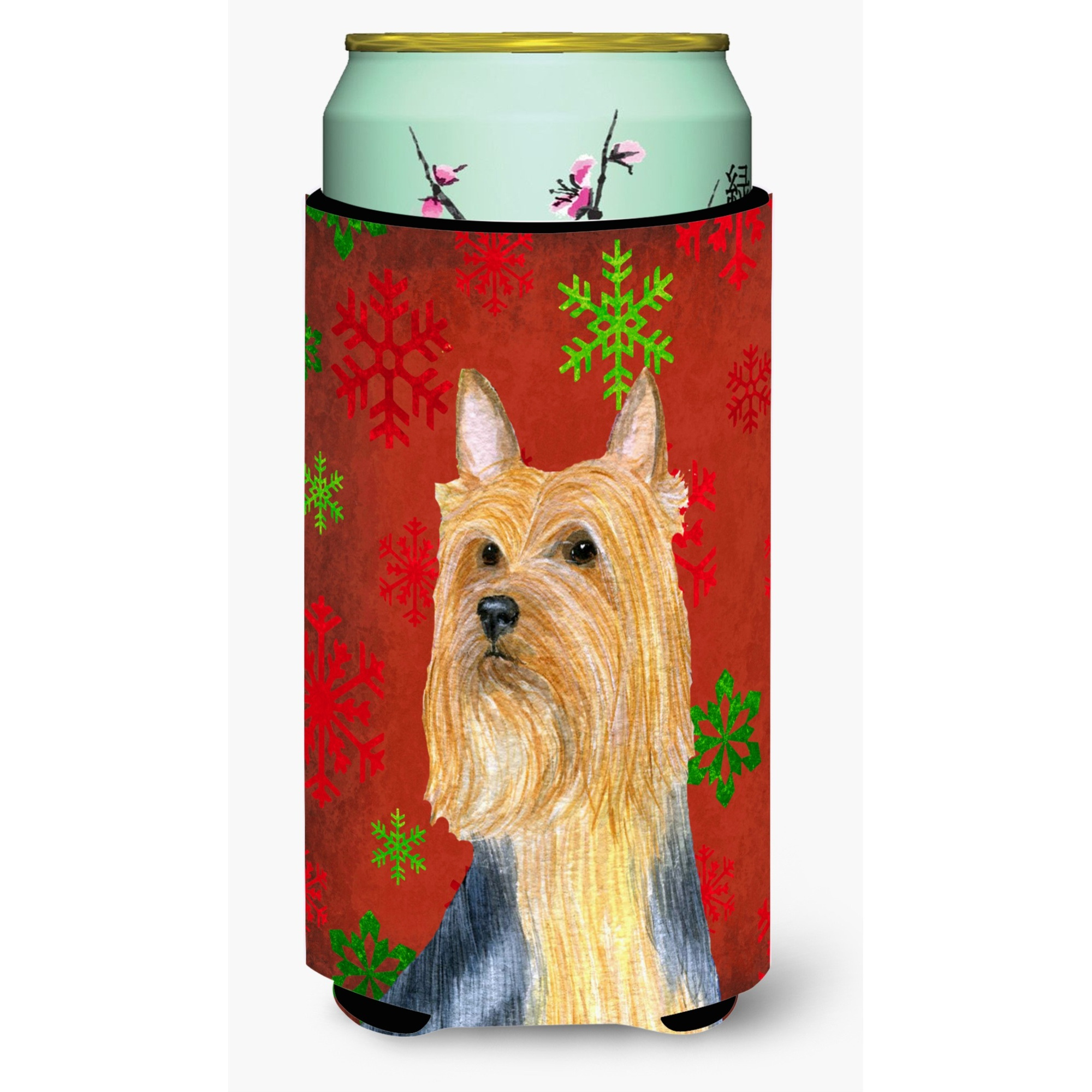 Silky Terrier Red Green Snowflake Holiday Christmas  Tall Boy Beverage Insulator Beverage Insulator Hugger