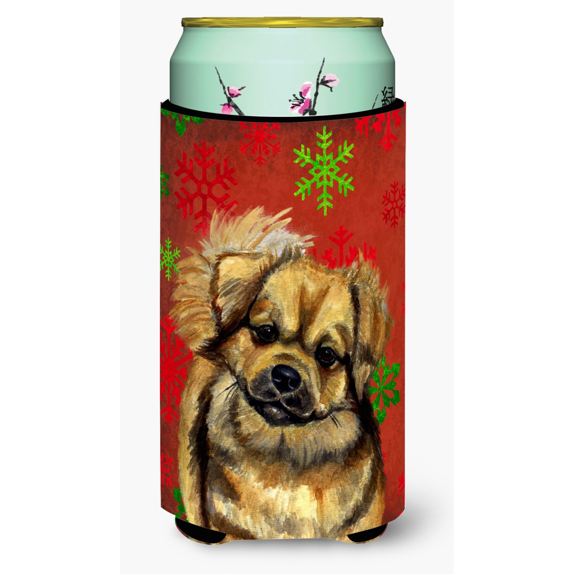 Tibetan Spaniel Red Green Snowflake Holiday Christmas  Tall Boy Beverage Insulator Beverage Insulator Hugger