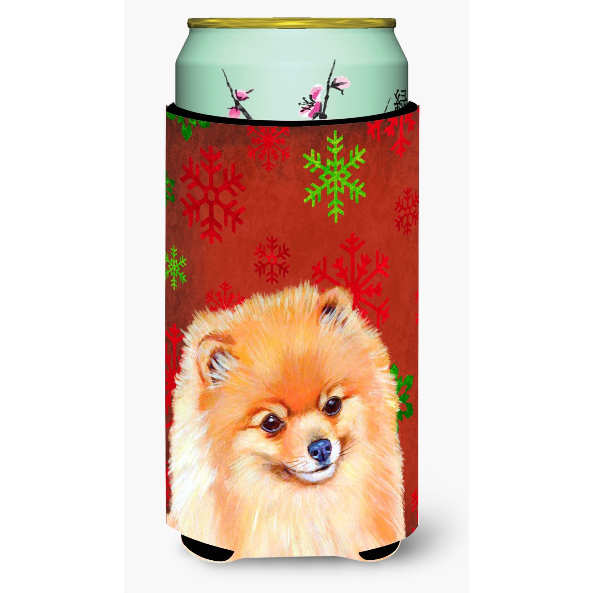 Pomeranian Red and Green Snowflakes Holiday Christmas  Tall Boy Beverage Insulator Beverage Insulator Hugger