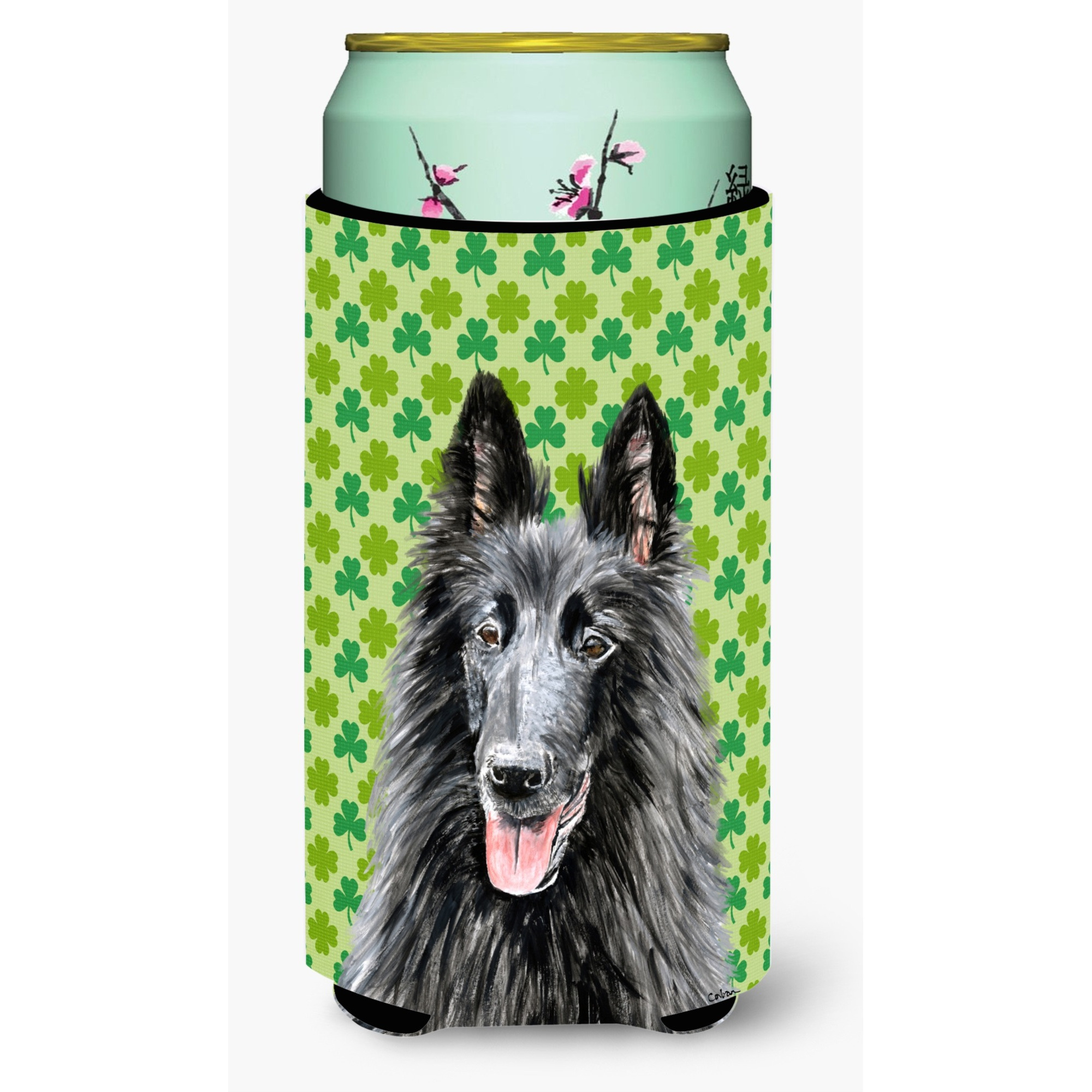 Belgian Sheepdog St. Patrick's Day Shamrock Portrait  Tall Boy Beverage Insulator Beverage Insulator Hugger