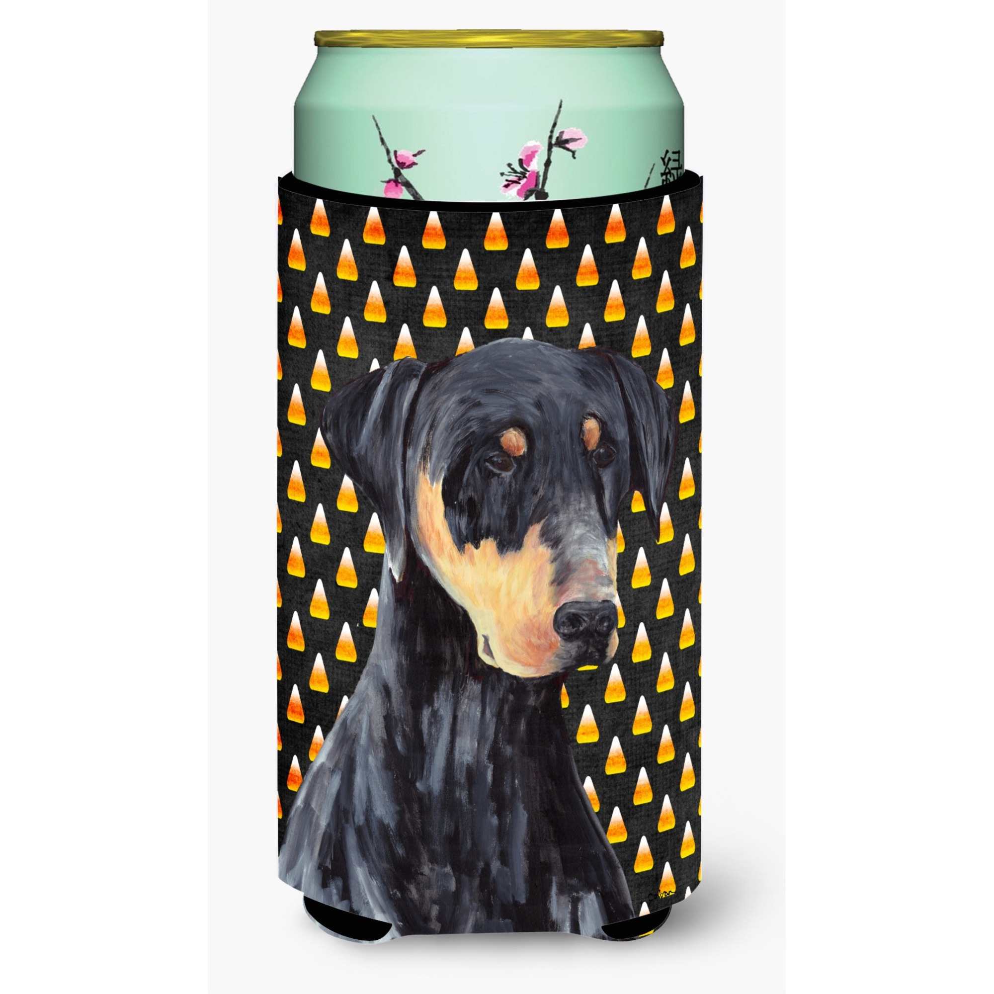 Doberman Natural Ears Candy Corn Halloween Portrait  Tall Boy Beverage Insulator Beverage Insulator Hugger