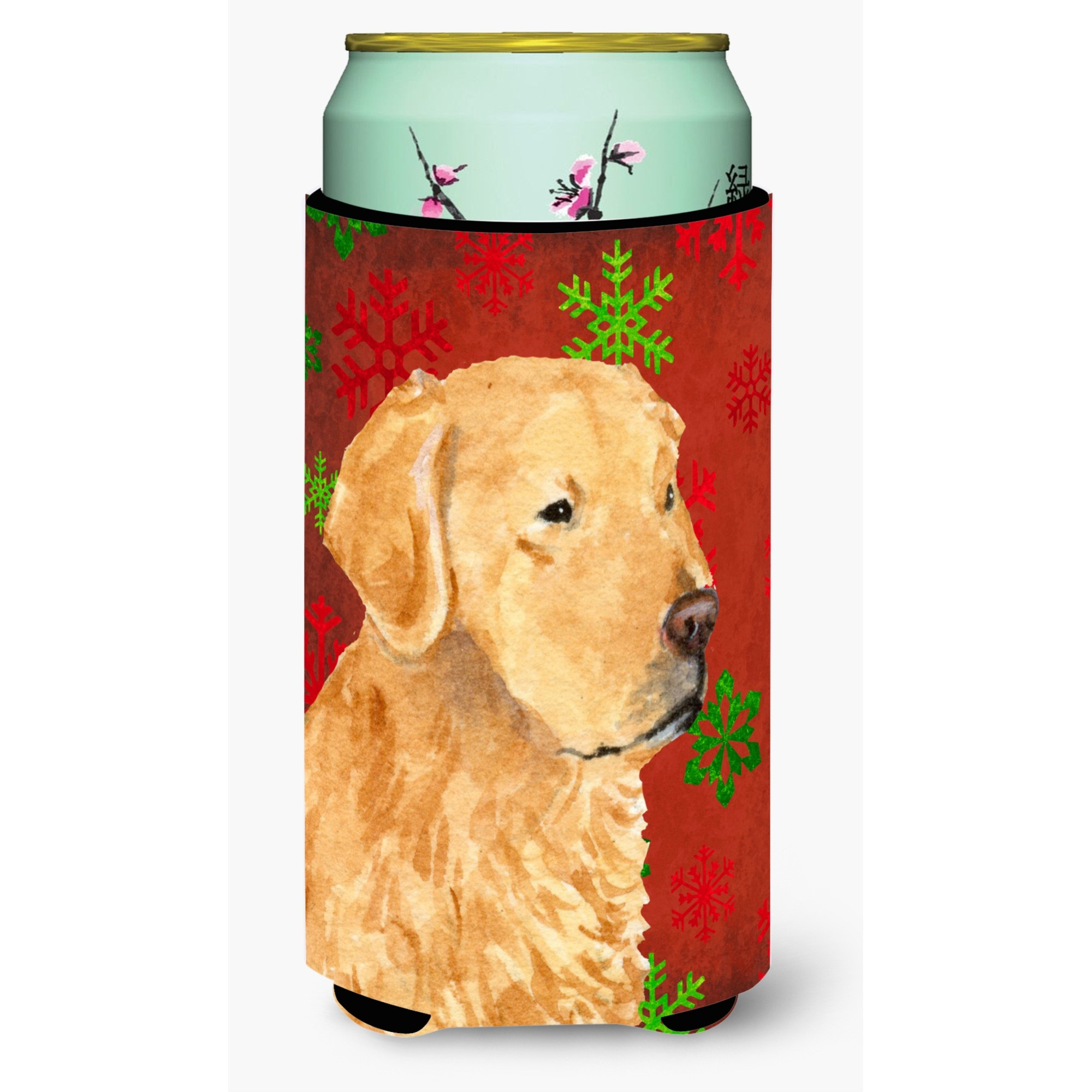 Golden Retriever Red Green Snowflake Holiday Christmas  Tall Boy Beverage Insulator Beverage Insulator Hugger
