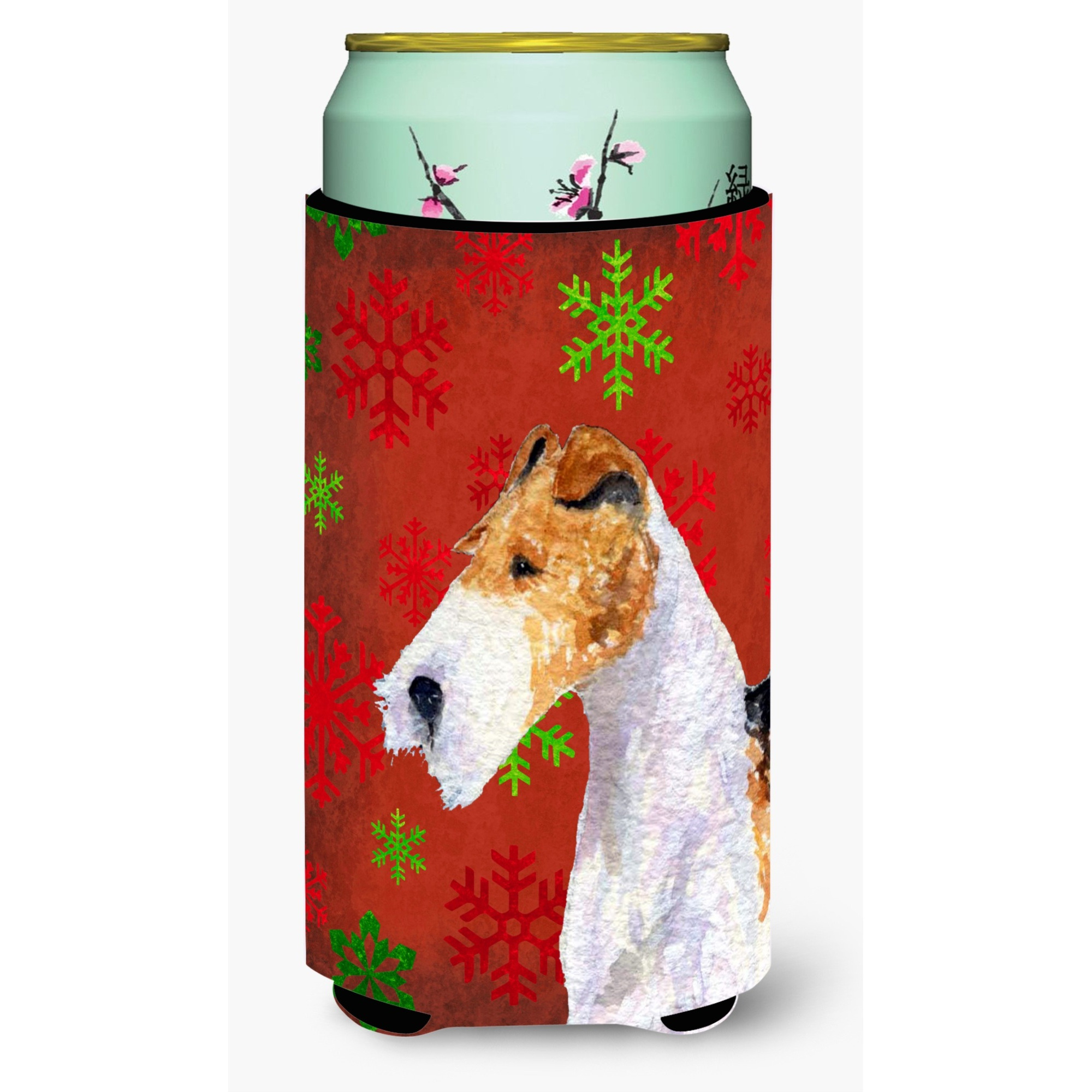 Fox Terrier Red and Green Snowflakes Holiday Christmas  Tall Boy Beverage Insulator Beverage Insulator Hugger