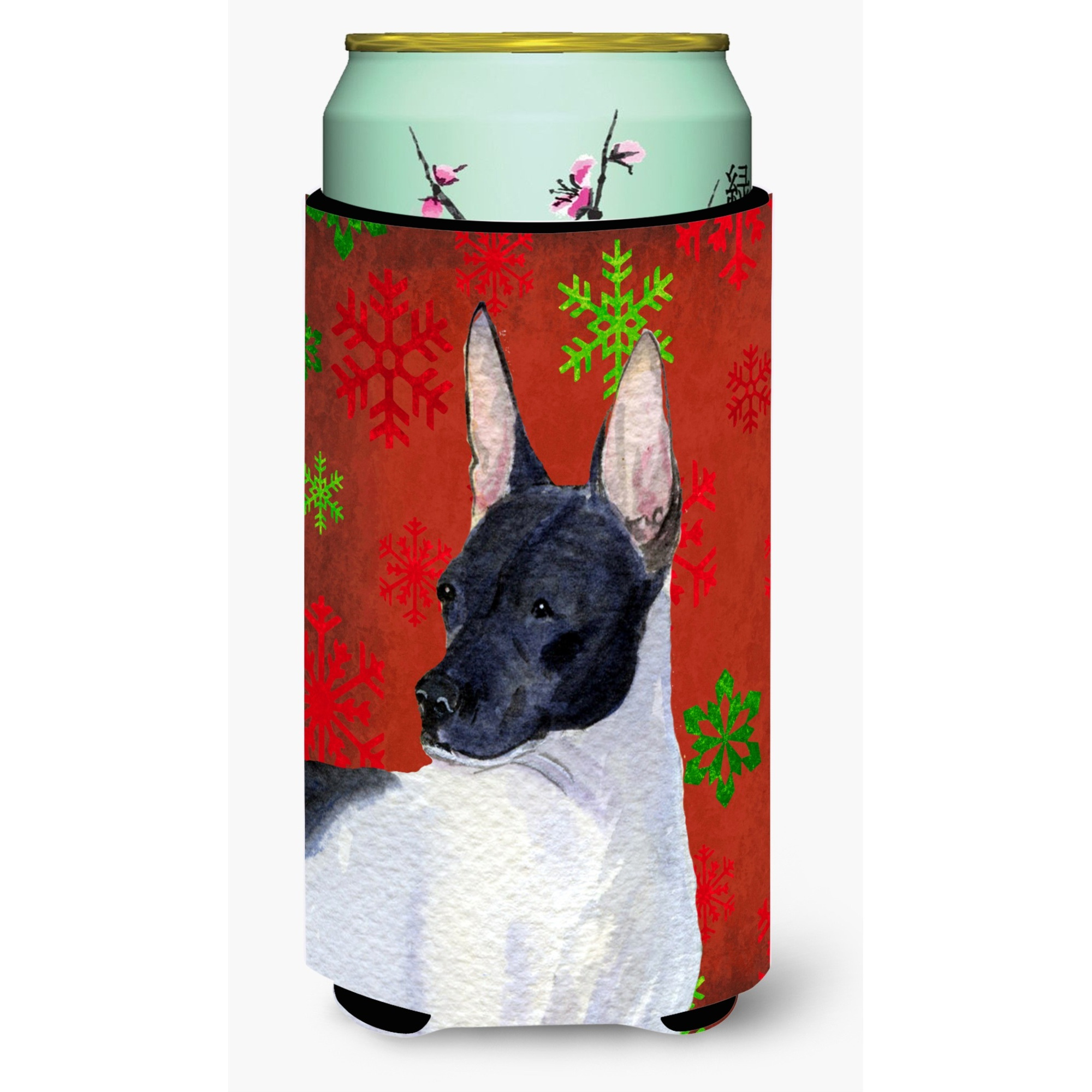 Rat Terrier Red and Green Snowflakes Holiday Christmas  Tall Boy Beverage Insulator Beverage Insulator Hugger