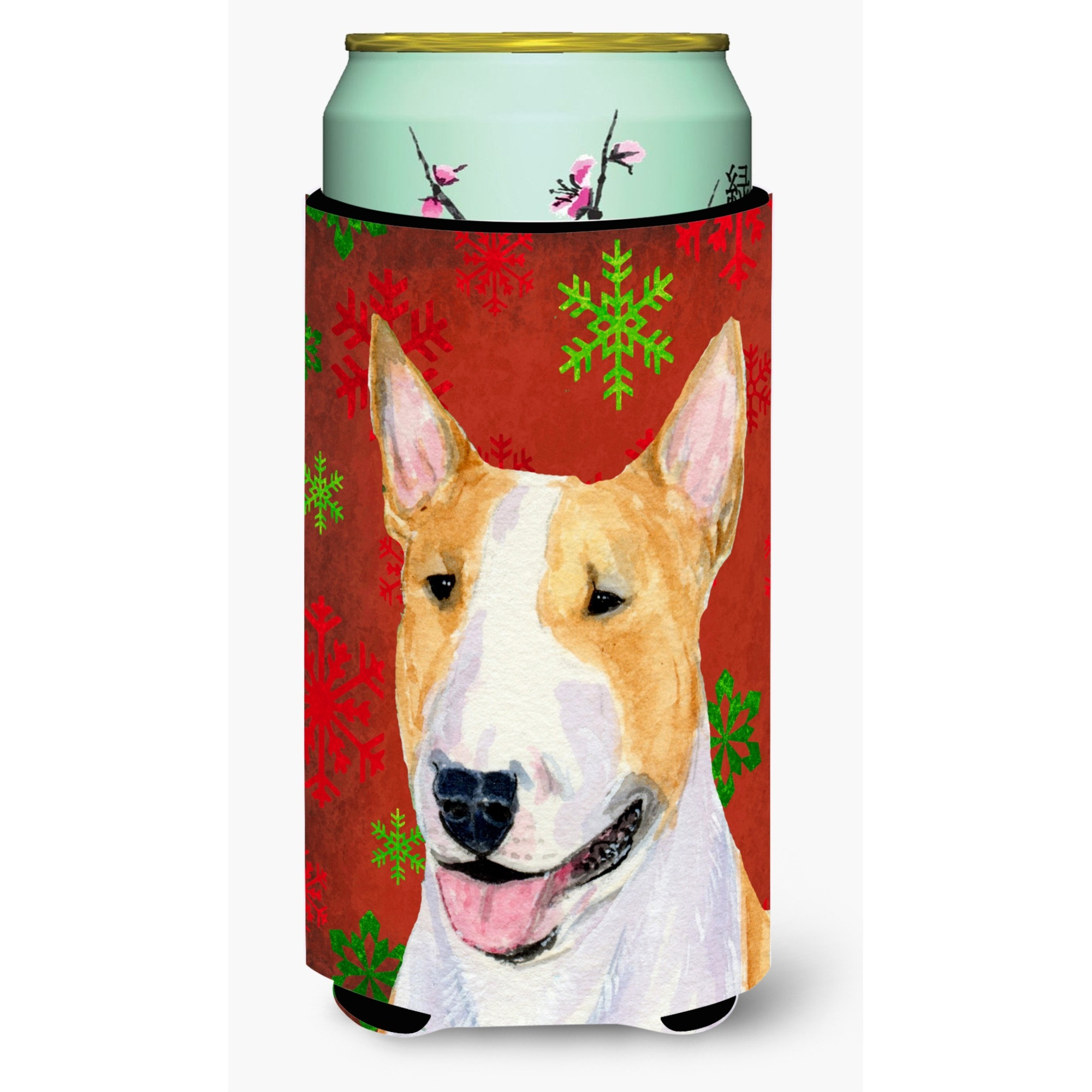 Bull Terrier Red and Green Snowflakes Holiday Christmas  Tall Boy Beverage Insulator Beverage Insulator Hugger