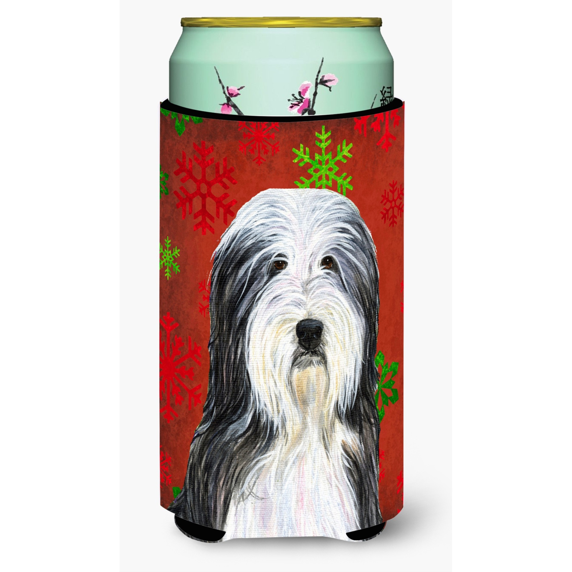 Bearded Collie Red and Green Snowflakes Holiday Christmas  Tall Boy Beverage Insulator