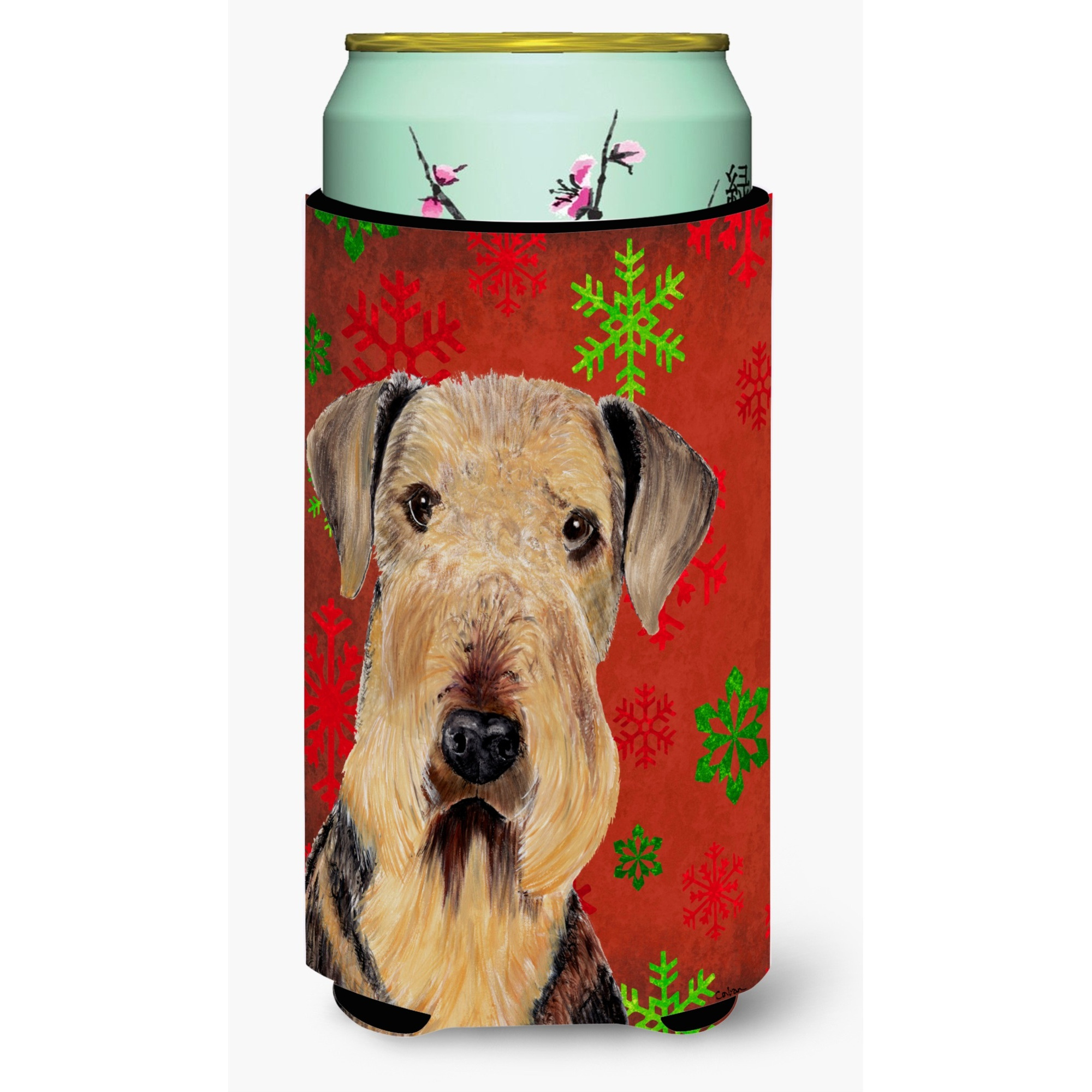 Airedale Red and Green Snowflakes Holiday Christmas  Tall Boy Beverage Insulator Beverage Insulator Hugger