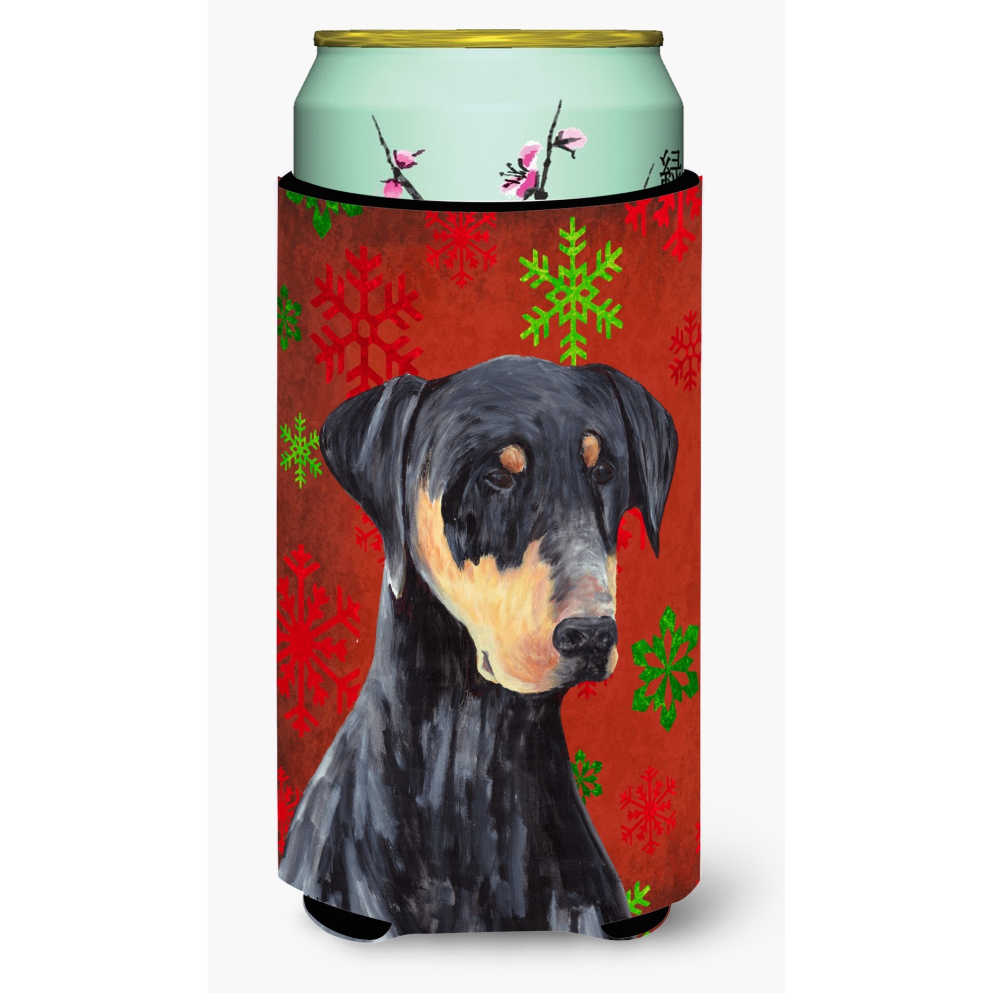 Doberman Red and Green Snowflakes Holiday Christmas  Tall Boy Beverage Insulator Beverage Insulator Hugger