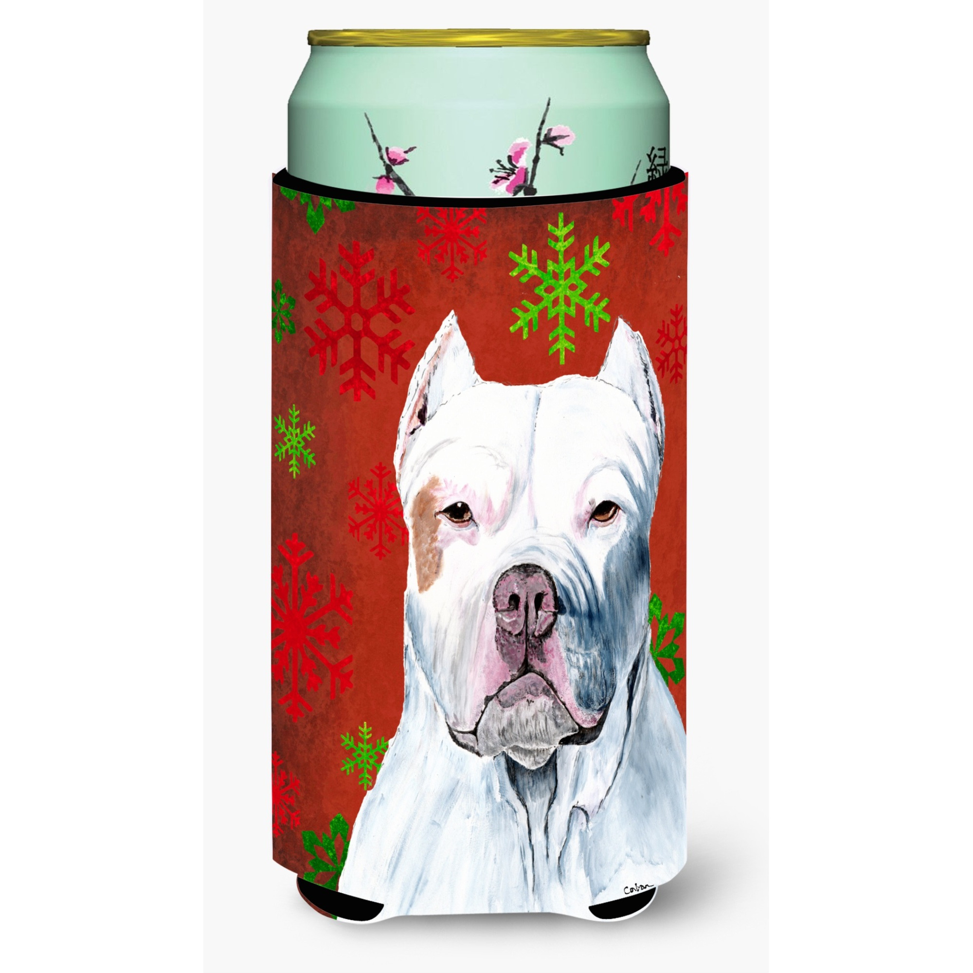 Pit Bull Red and Green Snowflakes Holiday Christmas  Tall Boy Beverage Insulator Beverage Insulator Hugger