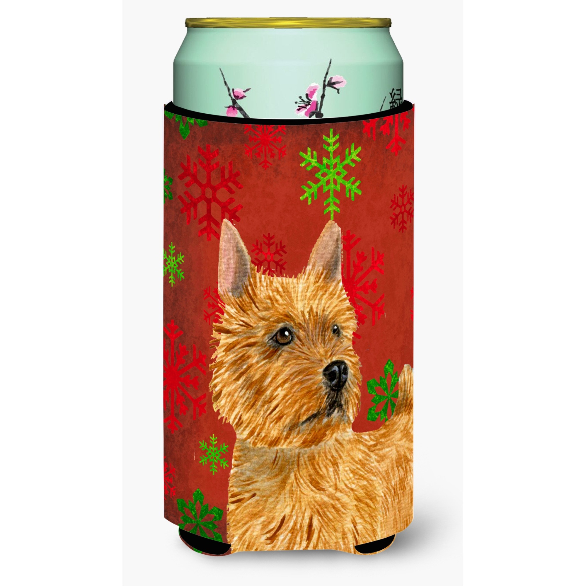 Norwich Terrier Red and Green Snowflakes Holiday Christmas  Tall Boy Beverage Insulator