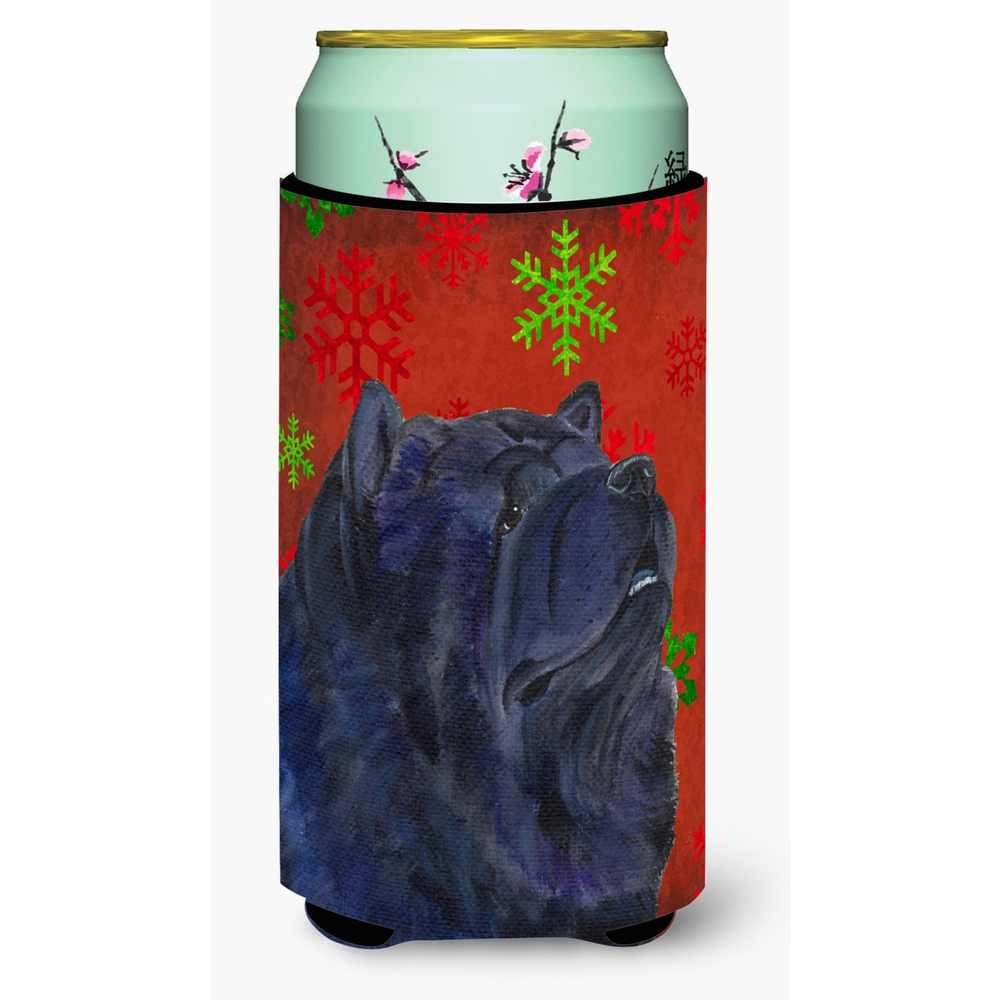 Chow Chow Red and Green Snowflakes Holiday Christmas  Tall Boy Beverage Insulator Beverage Insulator Hugger