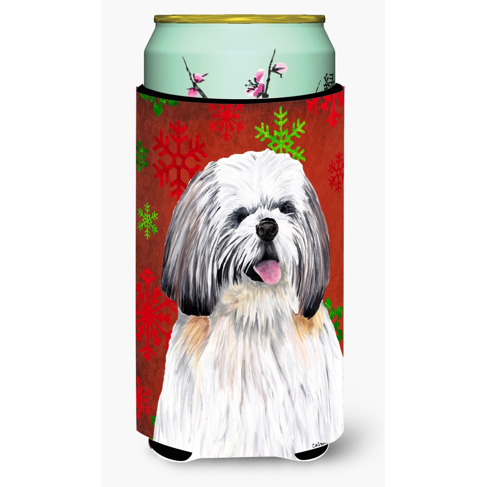 Shih Tzu Red and Green Snowflakes Holiday Christmas  Tall Boy Beverage Insulator Beverage Insulator Hugger