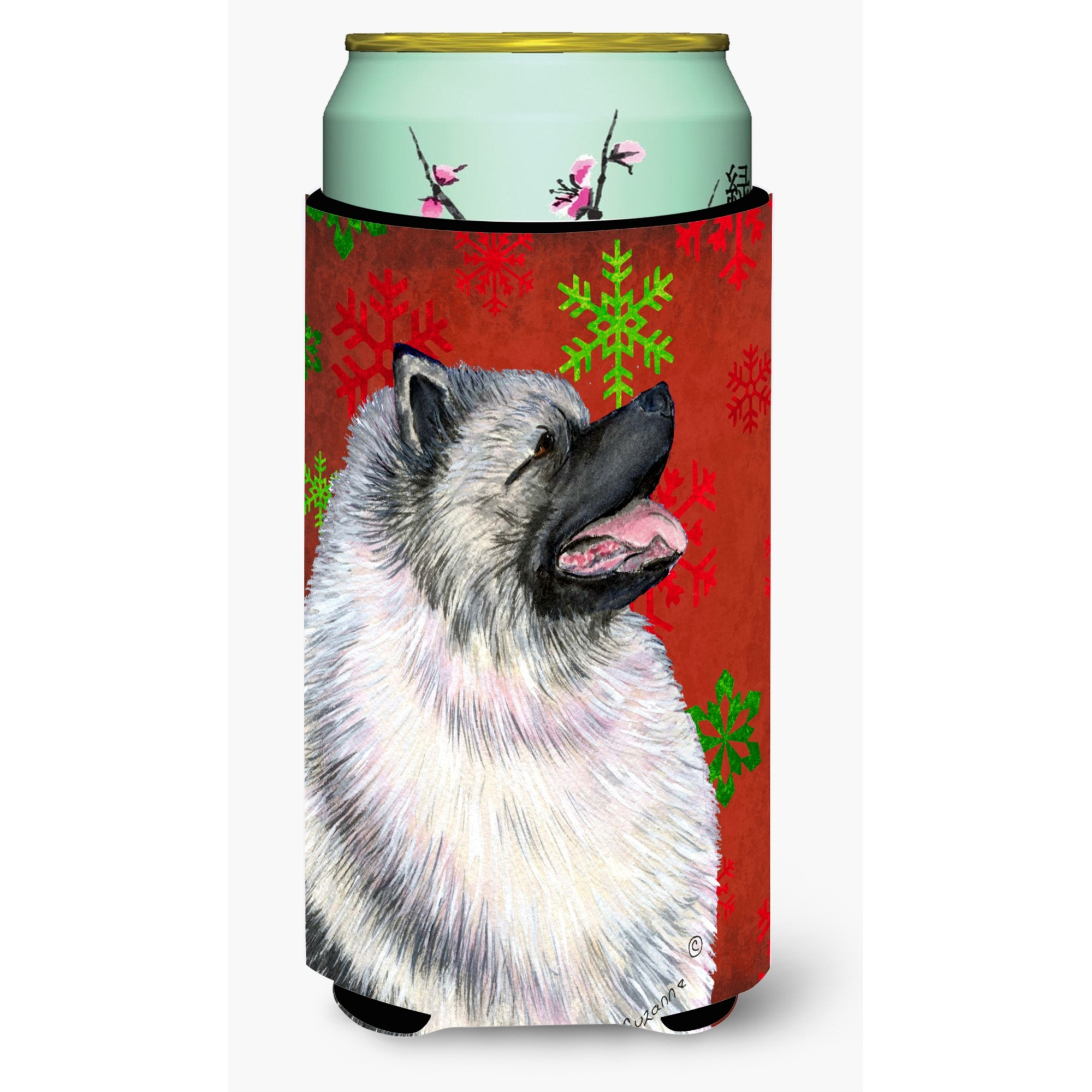 Keeshond Red and Green Snowflakes Holiday Christmas  Tall Boy Beverage Insulator Beverage Insulator Hugger