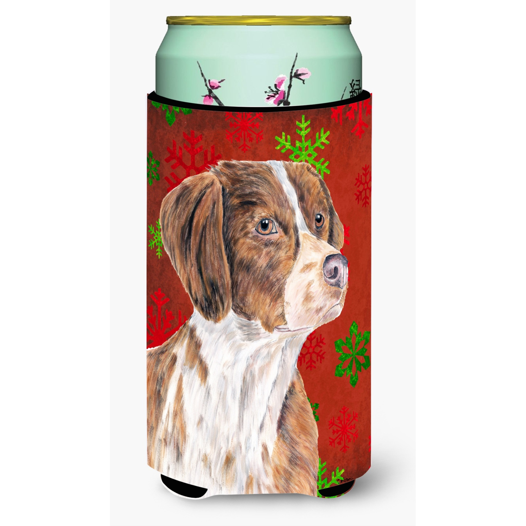 &quotCaroline's Treasures Brittany Red and Green Snowflakes Holiday Christmas Koozie Hugger, Tall, Multicolor"