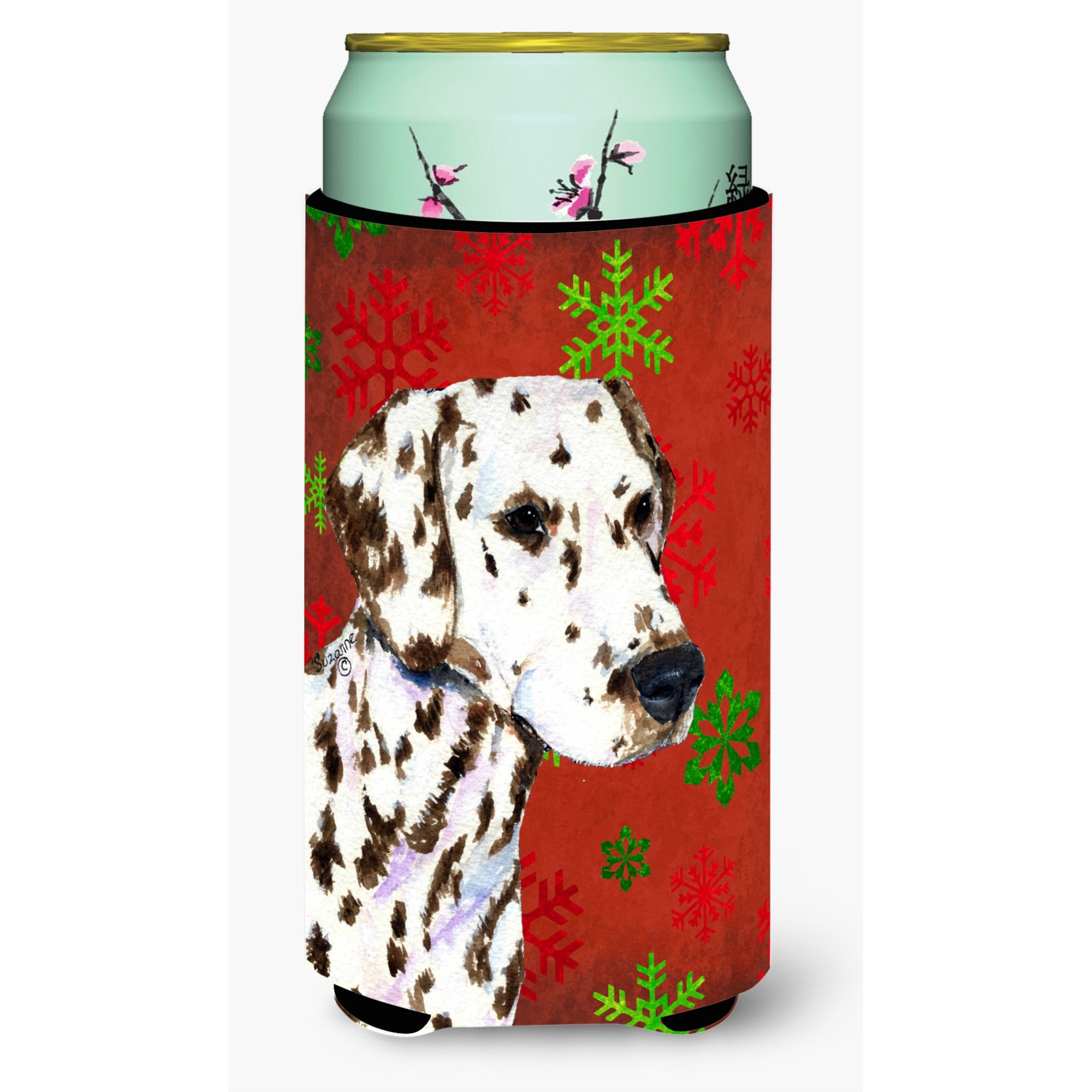 Dalmatian Red and Green Snowflakes Holiday Christmas  Tall Boy Beverage Insulator Beverage Insulator Hugger