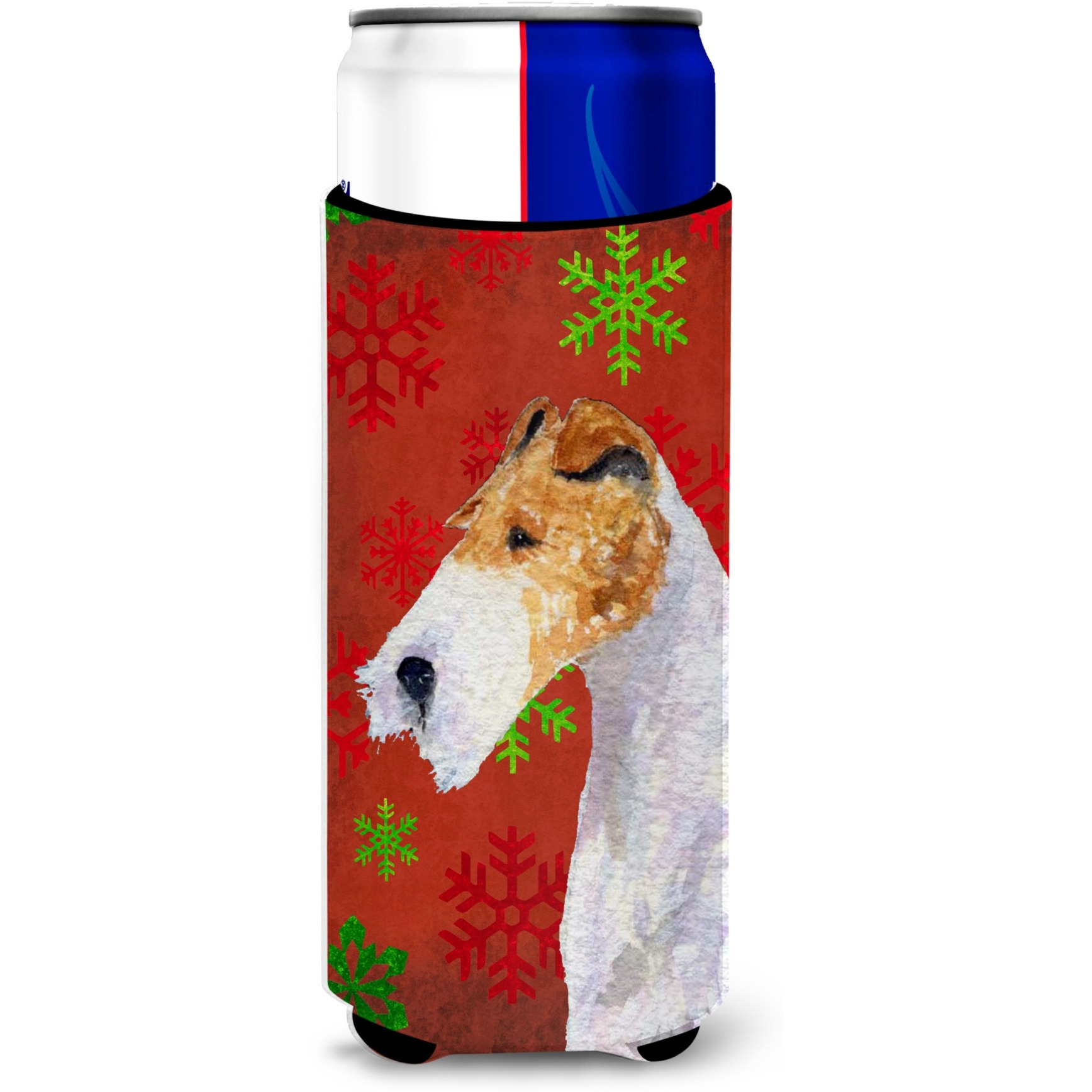 Fox Terrier Red and Green Snowflakes Holiday Christmas Ultra Beverage Insulators for slim cans SS4685MUK
