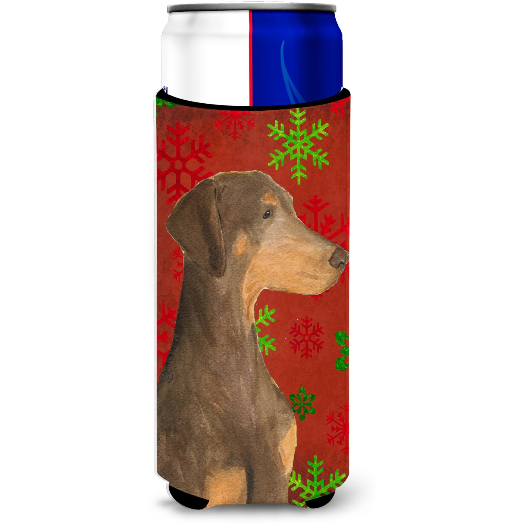 Doberman Red and Green Snowflakes Holiday Christmas Ultra Beverage Insulators for slim cans SS4686MUK