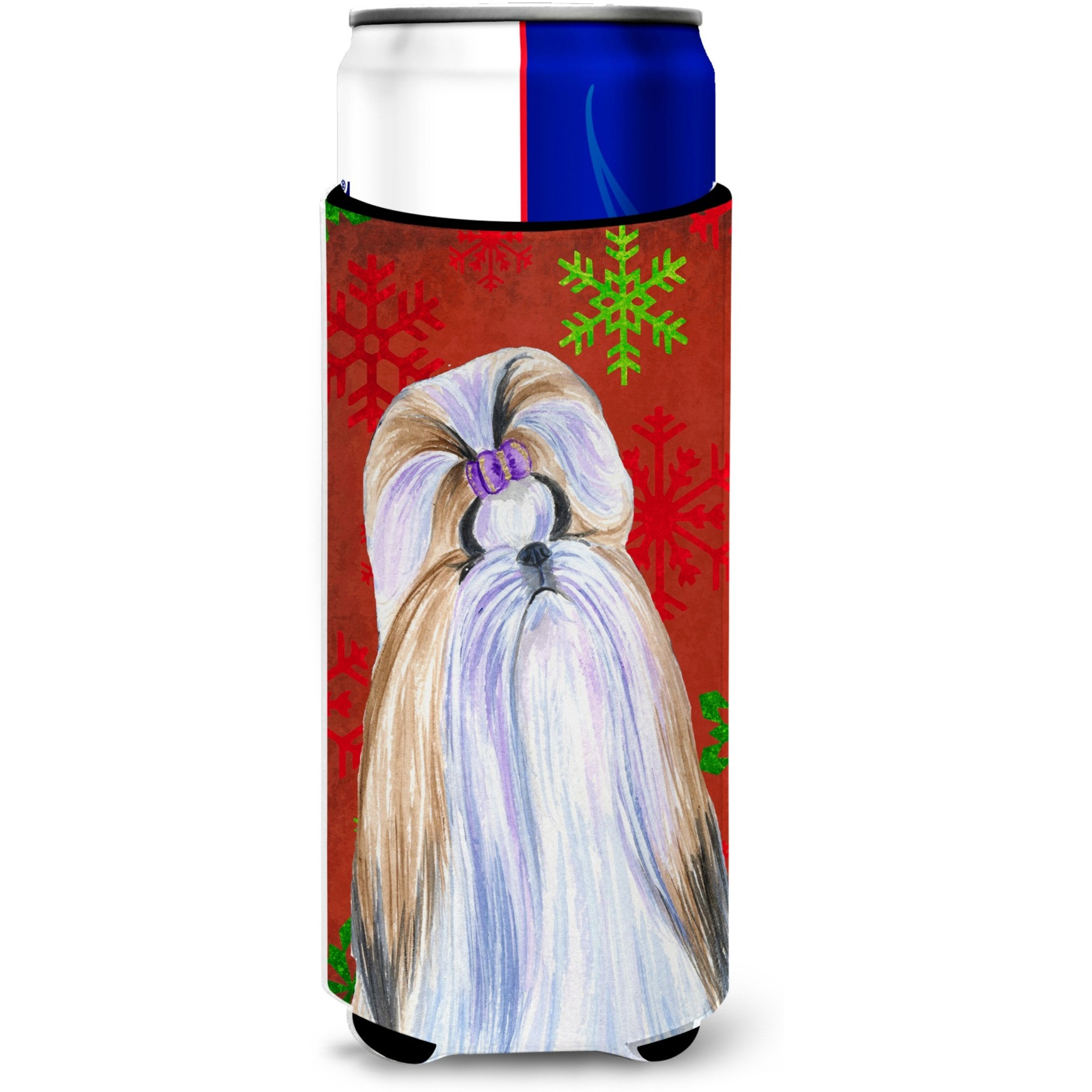 Shih Tzu Red and Green Snowflakes Holiday Christmas Ultra Beverage Insulators for slim cans SS4672MUK