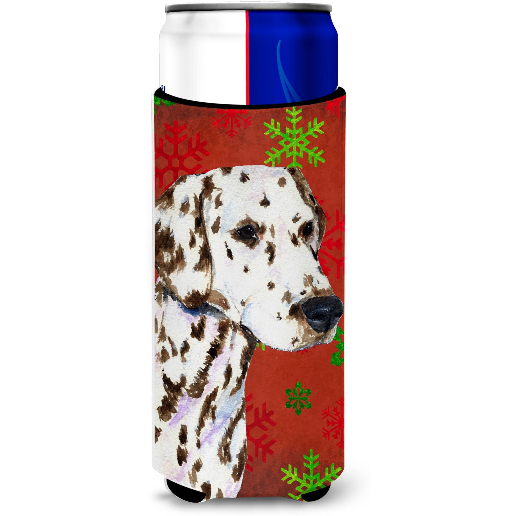 Dalmatian Red and Green Snowflakes Holiday Christmas Ultra Beverage Insulators for slim cans SS4676MUK
