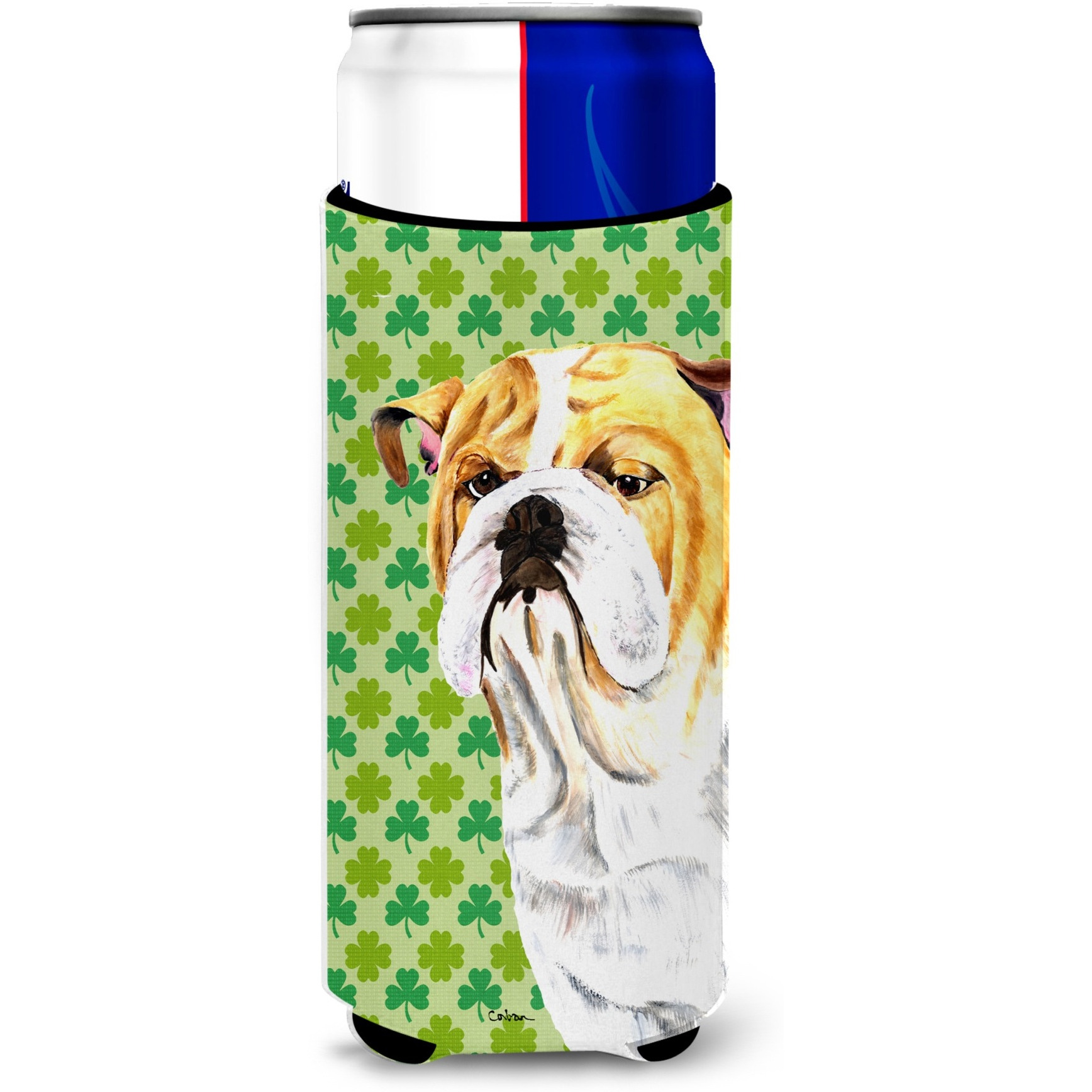 Bulldog English St. Patrick's Day Shamrock Portrait Ultra Beverage Insulators for slim cans SC9294MUK