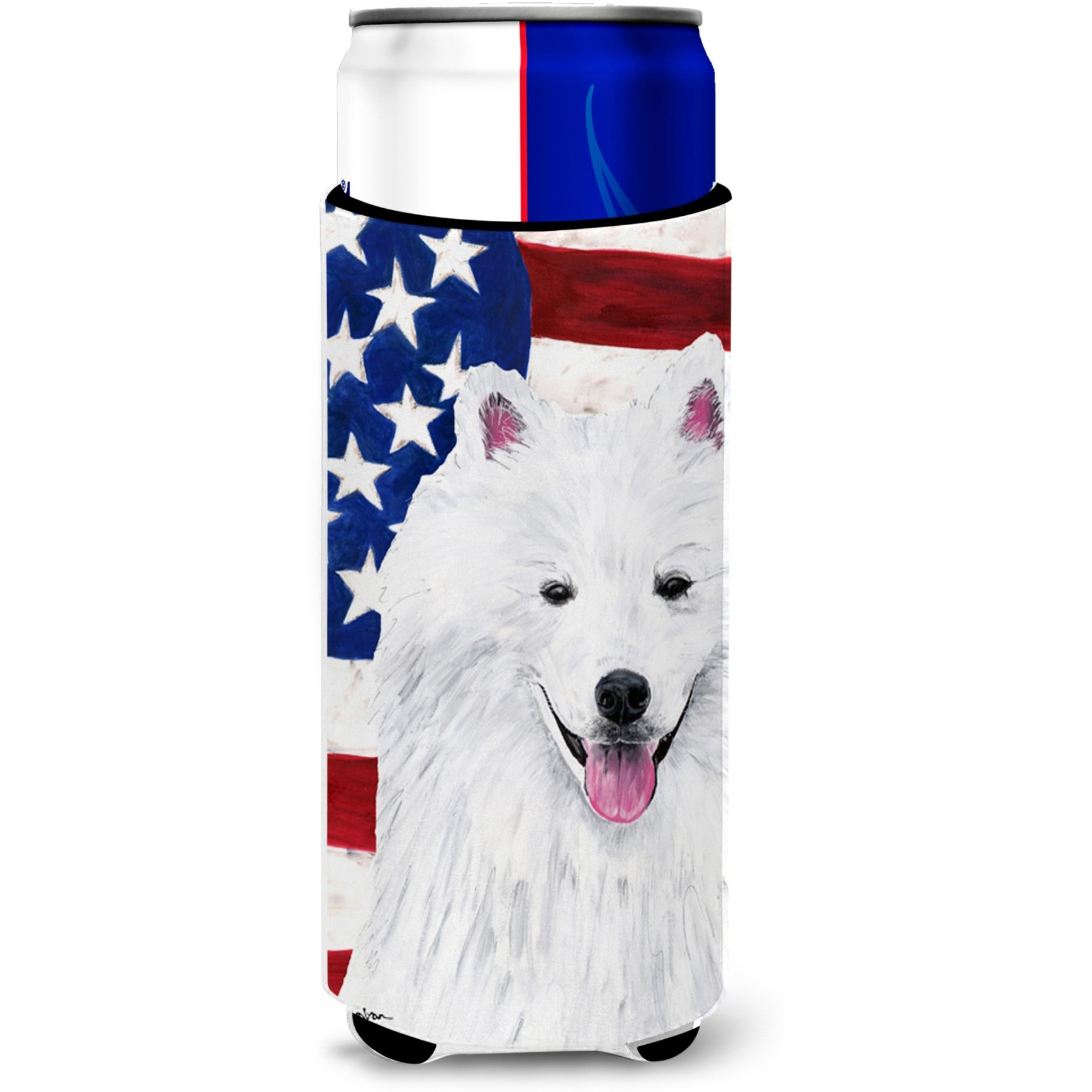 USA American Flag with American Eskimo Ultra Beverage Insulators for slim cans SC9023MUK
