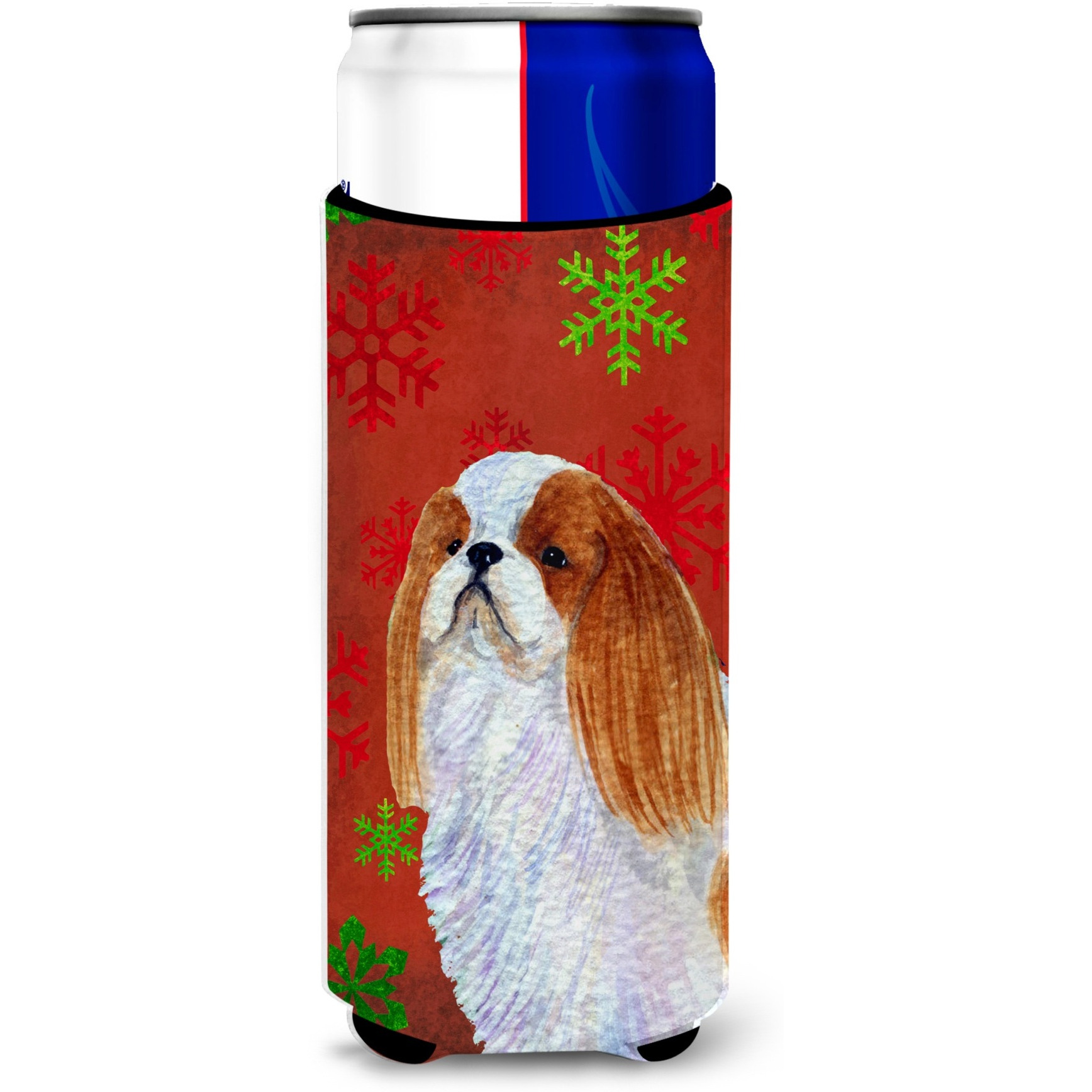 English Toy Spaniel Red and Green Snowflakes Holiday Christmas Ultra Beverage Insulators for slim cans SS4714MUK