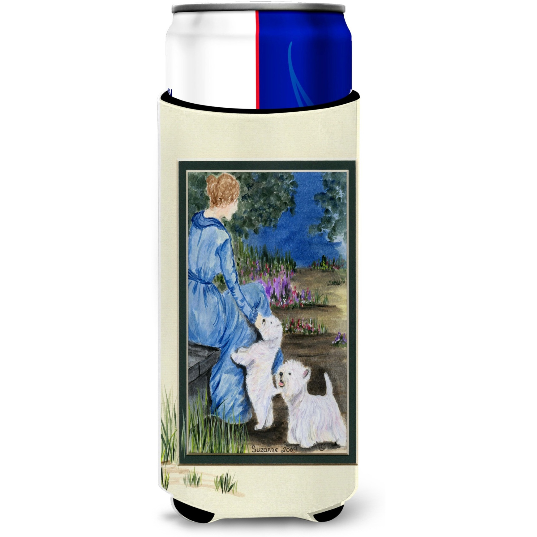 Lady with her  Westie Ultra Beverage Insulators for slim cans SS8021MUK