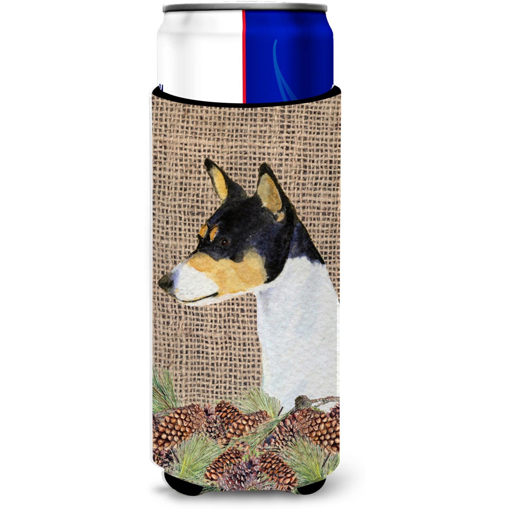 Basenji on Faux Burlap with Pine Cones Ultra Beverage Insulators for slim cans SS4103MUK