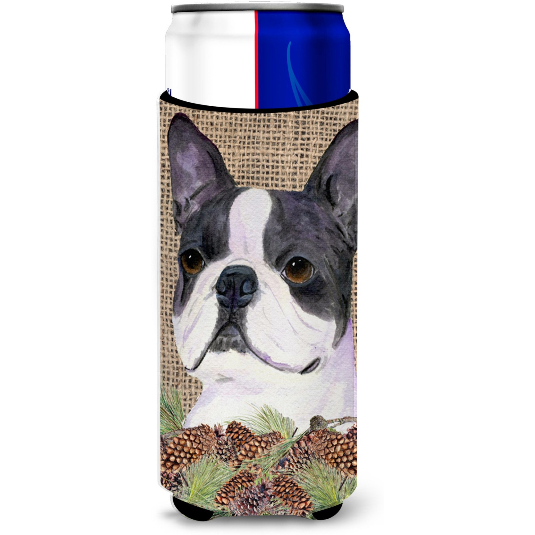 Boston Terrier on Faux Burlap with Pine Cones Ultra Beverage Insulators for slim cans SS4105MUK