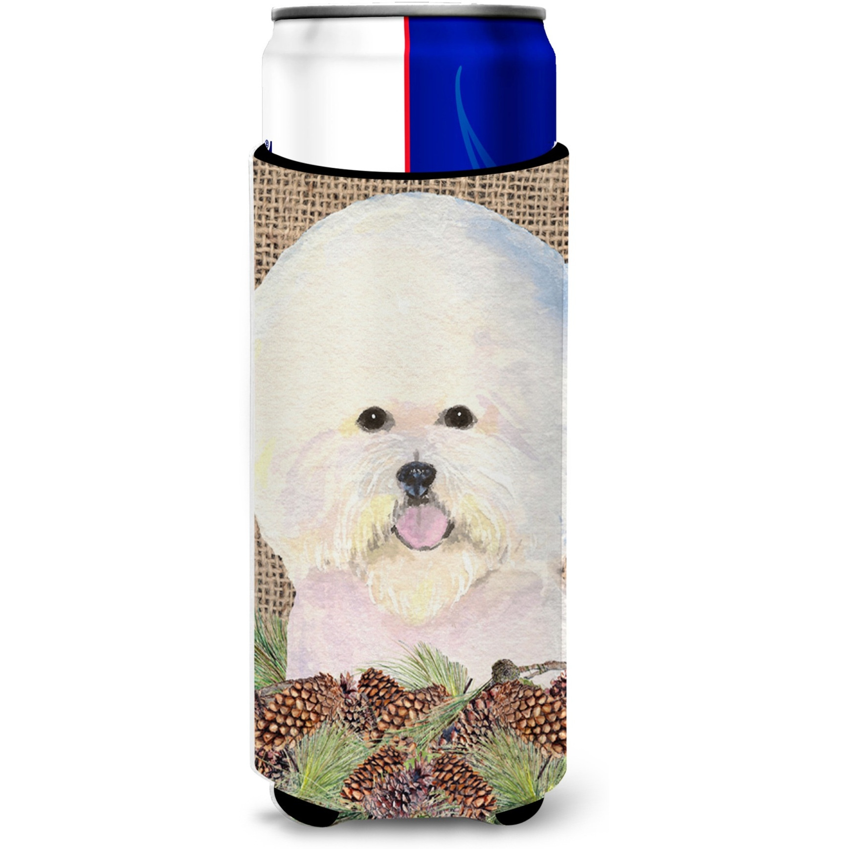 Bichon Frise on Faux Burlap with Pine Cones Ultra Beverage Insulators for slim cans SS4106MUK