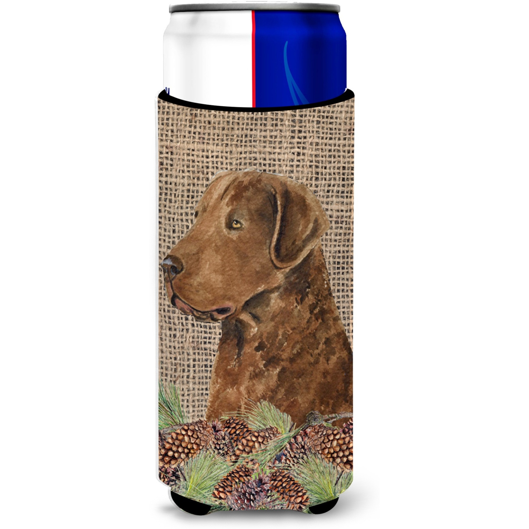 Curly Coated Retriever on Faux Burlap with Pine Cones Ultra Beverage Insulators for slim cans SS4108MUK