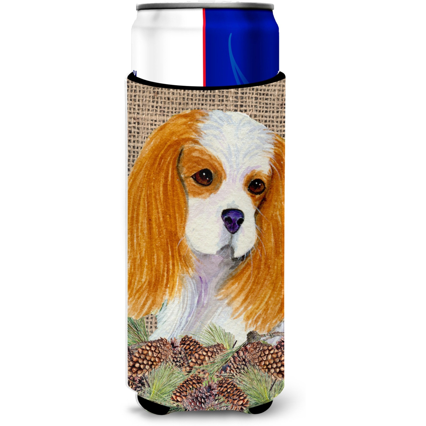 Cavalier Spaniel on Faux Burlap with Pine Cones Ultra Beverage Insulators for slim cans SS4107MUK